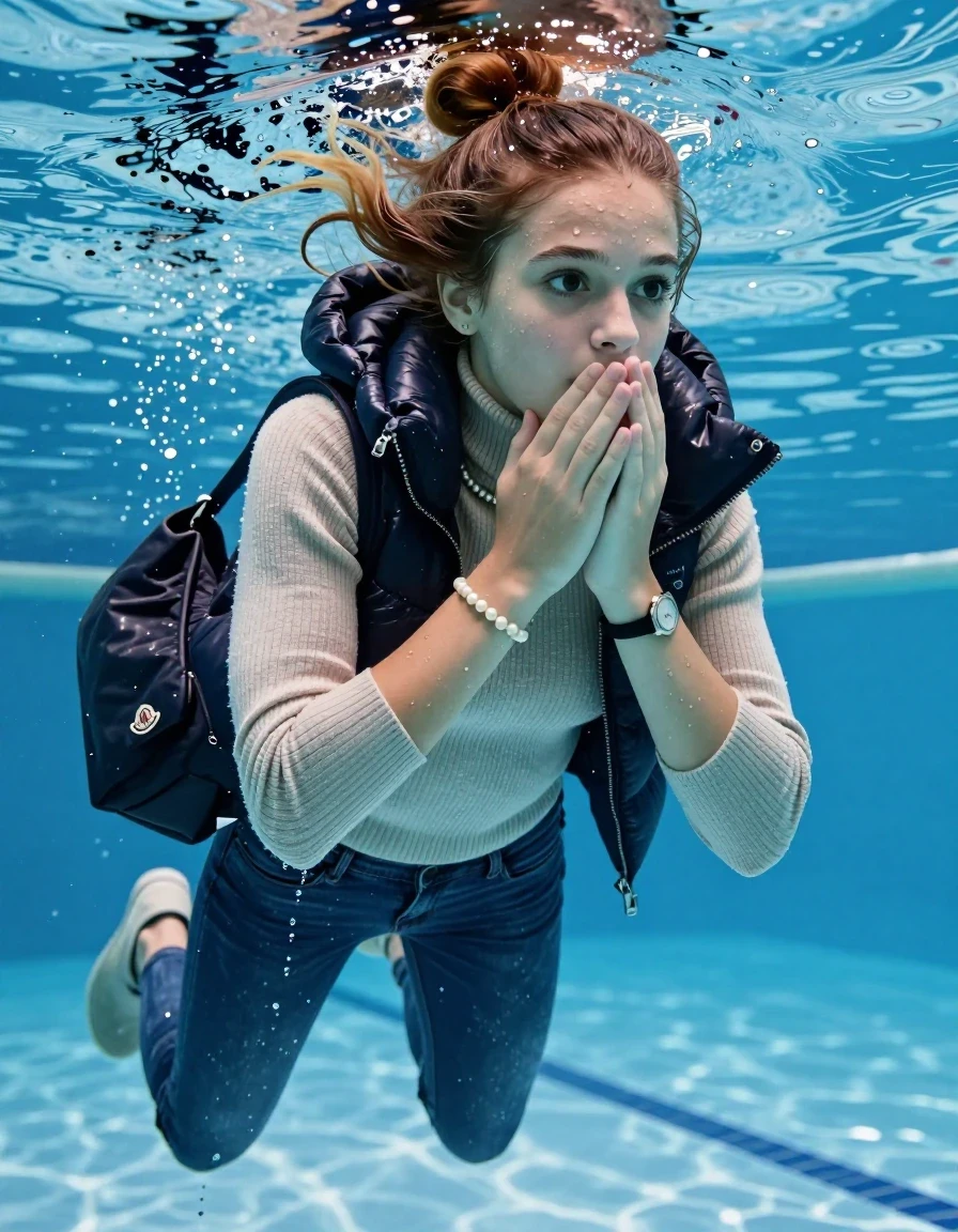 photo of young woman, in soaking wet, drenched clothes,
Boots, Completely soaked tight skinny jeans, Moncler shiny puffer down jacket, tight knit turtleneck sweater, shoulderbag, pearl necklace, bracelet, wristwatch , Swimming underwater in swimming pool , 
enjoying, wet clothes stuck to body,
detailed textures of the wet clothes, wet face, wet plastered hair,
wet, drenched, professional, high-quality details, full body view.
sharp focus, ultra-high pixel detail, realistic, high-quality, full colors, incredibly detailed, 4k, 8k, 16k, hyper-realistic, RAW photo, masterpiece, ultra-detailed, professionally color graded, professional photograph, Topknot

15 years old  teenage girl

Looking slightly away. Hold her hands over mouth, closed mouth.

she is completely underwater up to her neck, afraid and astonished expression. 

her submerged clothes are hardly vusible under water, she soaked her handbag into the water

close up view, wet skin, wet clothes, wet hair, damp fabric, water runs down the clothes, wet skin, wet clothes, damp fabric, wet skin, wet clothes, damp fabric, wet skin, wet clothes, damp fabric, wet skin, wet clothes, damp fabric, wet skin, wet clothes, damp fabric, wet skin, wet clothes, damp fabric, wet skin, wet clothes, damp fabric, wet skin, wet clothes, damp fabric, wet skin, wet clothes, damp fabric, wet skin, wet clothes, damp fabric, wet skin, wet clothes, damp fabric, wet skin, wet clothes, damp fabric, wet skin, wet clothes, damp fabric, wet skin, wet clothes, damp fabric, wet skin, wet clothes, damp fabric, wet skin, wet clothes, damp fabric, wet skin, wet clothes, damp fabric, wet skin, wet clothes, damp fabric, wet skin, wet clothes, damp fabric