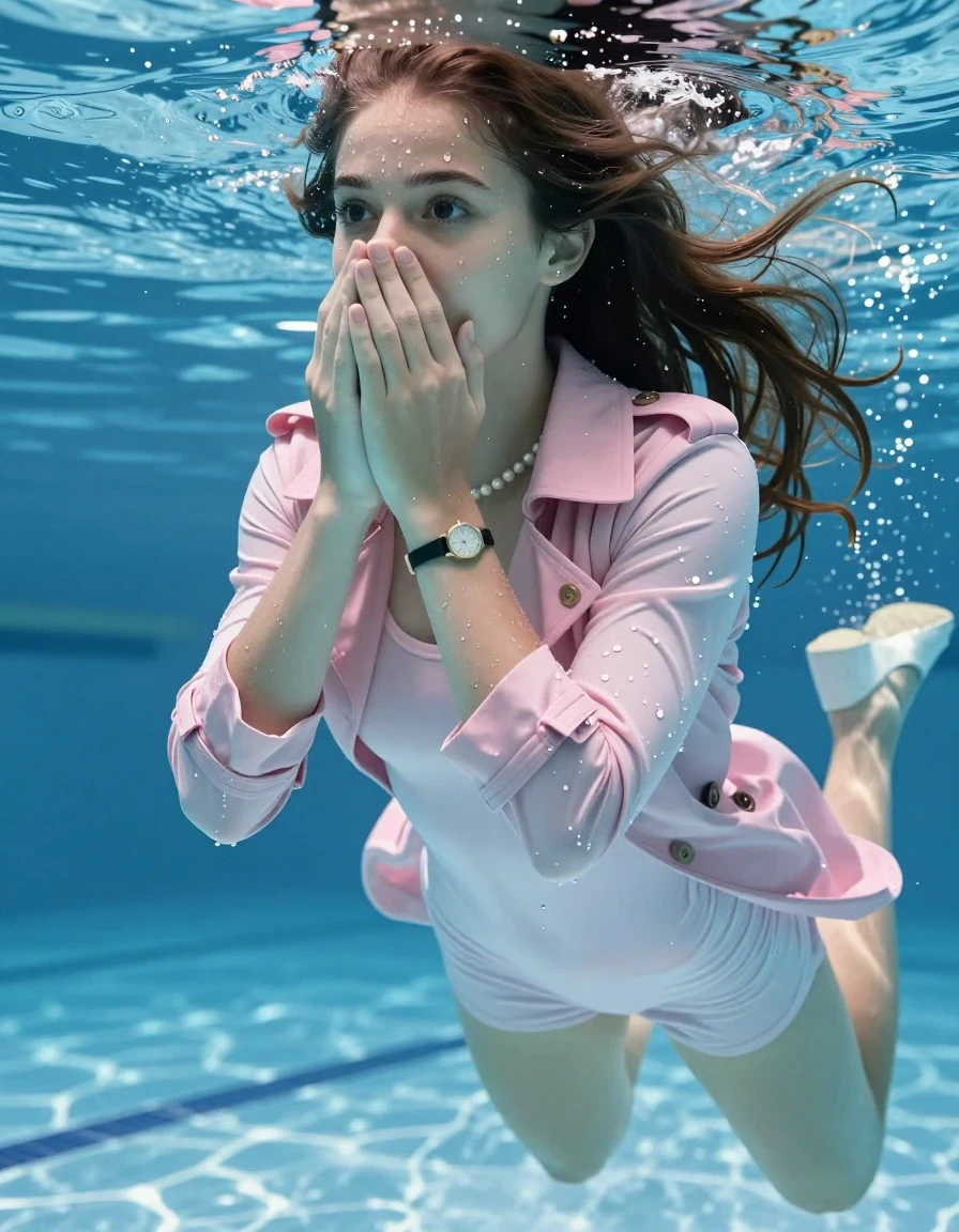 photo of young woman, in soaking wet, drenched clothes,
Heels, White mini , Pink trenchcoat, tight sexy tshirt with wide neckline belly free, shoulderbag, pearl necklace, bracelet, wristwatch , Swimming underwater in swimming pool, only head is visible over surface, 
enjoying, wet clothes stuck to body,
detailed textures of the wet clothes, wet face, wet plastered hair,
wet, drenched, professional, high-quality details, full body view.
sharp focus, ultra-high pixel detail, realistic, high-quality, full colors, incredibly detailed, 4k, 8k, 16k, hyper-realistic, RAW photo, masterpiece, ultra-detailed, professionally color graded, professional photograph, sleek long straight hair 

15 years old  teenage girl

Covers her nose with her hands. Looking slightly away. Open mouth, big eyes.

she is completely underwater up to her neck, afraid and astonished expression. 

Swimming movements with Arms and legs. Breast swimming.

her submerged clothes are hardly vusible under water, she soaked her handbag into the water

close up view, wet skin, wet clothes, wet hair, damp fabric, water runs down the clothes, wet skin, wet clothes, damp fabric, wet skin, wet clothes, damp fabric, wet skin, wet clothes, damp fabric, wet skin, wet clothes, damp fabric, wet skin, wet clothes, damp fabric, wet skin, wet clothes, damp fabric, wet skin, wet clothes, damp fabric, wet skin, wet clothes, damp fabric, wet skin, wet clothes, damp fabric, wet skin, wet clothes, damp fabric, wet skin, wet clothes, damp fabric, wet skin, wet clothes, damp fabric, wet skin, wet clothes, damp fabric, wet skin, wet clothes, damp fabric, wet skin, wet clothes, damp fabric, wet skin, wet clothes, damp fabric, wet skin, wet clothes, damp fabric, wet skin, wet clothes, damp fabric, wet skin, wet clothes, damp fabric, wet skin, wet clothes, damp fabric, wet skin, wet clothes, damp fabric, wet skin, wet clothes, damp fabric, wet skin, wet clothes, damp fabric, wet skin, wet clothes, damp fabric