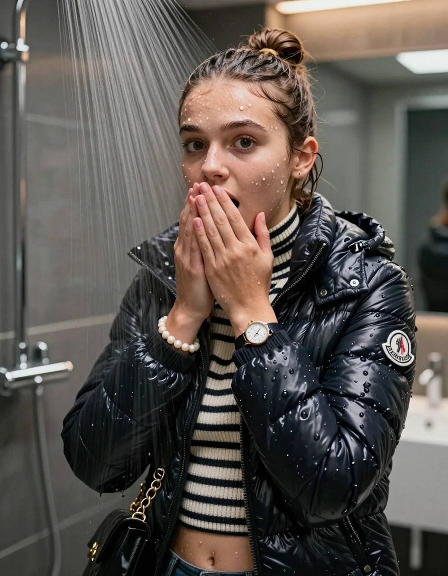 photo of young woman, in soaking wet, drenched clothes,
, , Moncler shiny puffer down jacket, tight striped knit turtleneck sweater belly free, handbag, pearl necklace, bracelet, wristwatch , Under the shower, strong jet of water, modern mirrored bathroom, 
enjoying, wet clothes stuck to body,
detailed textures of the wet clothes, wet face, wet plastered hair,
wet, drenched, professional, high-quality details, full body view.
sharp focus, ultra-high pixel detail, realistic, high-quality, full colors, incredibly detailed, 4k, 8k, 16k, hyper-realistic, RAW photo, masterpiece, ultra-detailed, professionally color graded, professional photograph, Topknot

15 years old  teenage girl

Only head and shoulders are over the surface visible. Open mouth, big eyes. Looking at camera. Hold her hands over mouth.

she is completely underwater up to her neck, afraid and astonished expression. 

her submerged clothes are hardly vusible under water, she soaked her handbag into the water

close up view, wet skin, wet clothes, wet hair, damp fabric, water runs down the clothes, wet skin, wet clothes, damp fabric., wet skin, wet clothes, damp fabric, wet skin, wet clothes, damp fabric, wet skin, wet clothes, damp fabric
