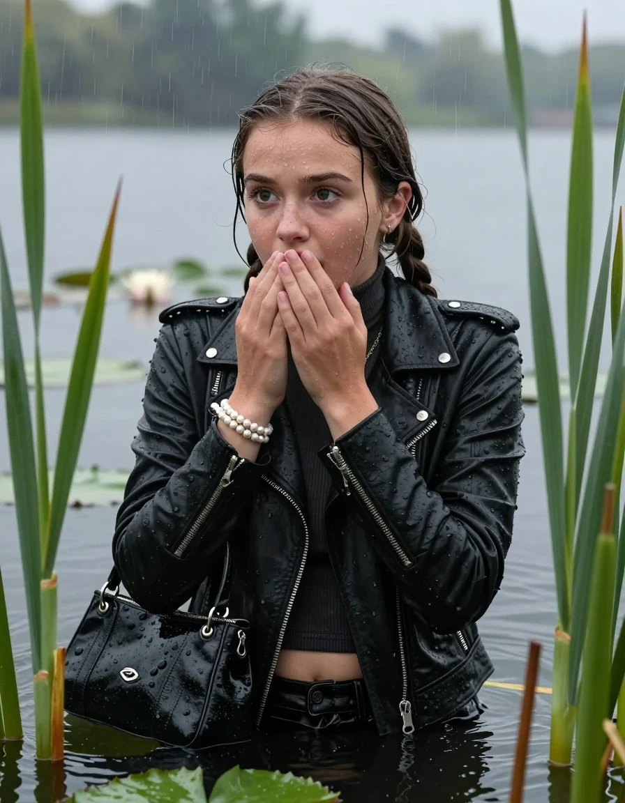 photo of young woman, in soaking wet, drenched clothes,
, , Black biker leatherjacket, tight turtleneck sweater with wide neckline belly free, handbag, pearl necklace, bracelet, wristwatch , Emerging after diving in a lake with water lilies and reeds, rain , 
enjoying, wet clothes stuck to body,
detailed textures of the wet clothes, wet face, wet plastered hair,
wet, drenched, professional, high-quality details, full body view.
sharp focus, ultra-high pixel detail, realistic, high-quality, full colors, incredibly detailed, 4k, 8k, 16k, hyper-realistic, RAW photo, masterpiece, ultra-detailed, professionally color graded, professional photograph, Pigtails

15 years old  teenage girl

Laying her breast on the surface.  Looking slightly away. Hold her hands on her mouth.Open mouth, big eyes.

she is completely underwater up to her neck, afraid and astonished expression. 

She hides in the reeds and is surprised by spectators

her submerged clothes are hardly vusible under water, she soaked her handbag into the water

close up view, wet skin, wet clothes, wet hair, damp fabric, water runs down the clothes, wet skin, wet clothes, damp fabric., wet skin, wet clothes, damp fabric, wet skin, wet clothes, damp fabric