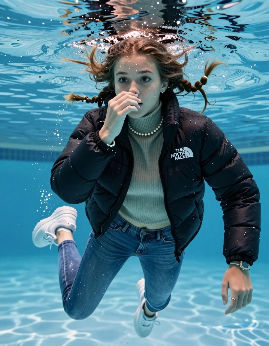 photo of young woman, in soaking wet, drenched clothes,
White sneakers , Completely soaked tight skinny jeans,  North face black puffer down jacket, tight knit turtleneck sweater, shoulderbag, pearl necklace, bracelet, wristwatch , Swimming half submerged underwater in swimming pool , 
enjoying, wet clothes stuck to body,
detailed textures of the wet clothes, wet face, wet plastered hair,
wet, drenched, professional, high-quality details, full body view.
sharp focus, ultra-high pixel detail, realistic, high-quality, full colors, incredibly detailed, 4k, 8k, 16k, hyper-realistic, RAW photo, masterpiece, ultra-detailed, professionally color graded, professional photograph, Two sleek long braids

15 years old  teenage girl

Hold her hand over her nose. Looking slightly away. 

she is completely underwater up to her neck, afraid and astonished expression. 

Swimming movements with Arms and legs. Breast swimming.

her submerged clothes are hardly vusible under water, she soaked her handbag into the water

close up view, wet skin, wet clothes, wet hair, damp fabric, water runs down the clothes, wet skin, wet clothes, damp fabric, wet skin, wet clothes, damp fabric, wet skin, wet clothes, damp fabric, wet skin, wet clothes, damp fabric, wet skin, wet clothes, damp fabric, wet skin, wet clothes, damp fabric, wet skin, wet clothes, damp fabric, wet skin, wet clothes, damp fabric, wet skin, wet clothes, damp fabric, wet skin, wet clothes, damp fabric, wet skin, wet clothes, damp fabric, wet skin, wet clothes, damp fabric, wet skin, wet clothes, damp fabric, wet skin, wet clothes, damp fabric, wet skin, wet clothes, damp fabric, wet skin, wet clothes, damp fabric, wet skin, wet clothes, damp fabric, wet skin, wet clothes, damp fabric, wet skin, wet clothes, damp fabric, wet skin, wet clothes, damp fabric