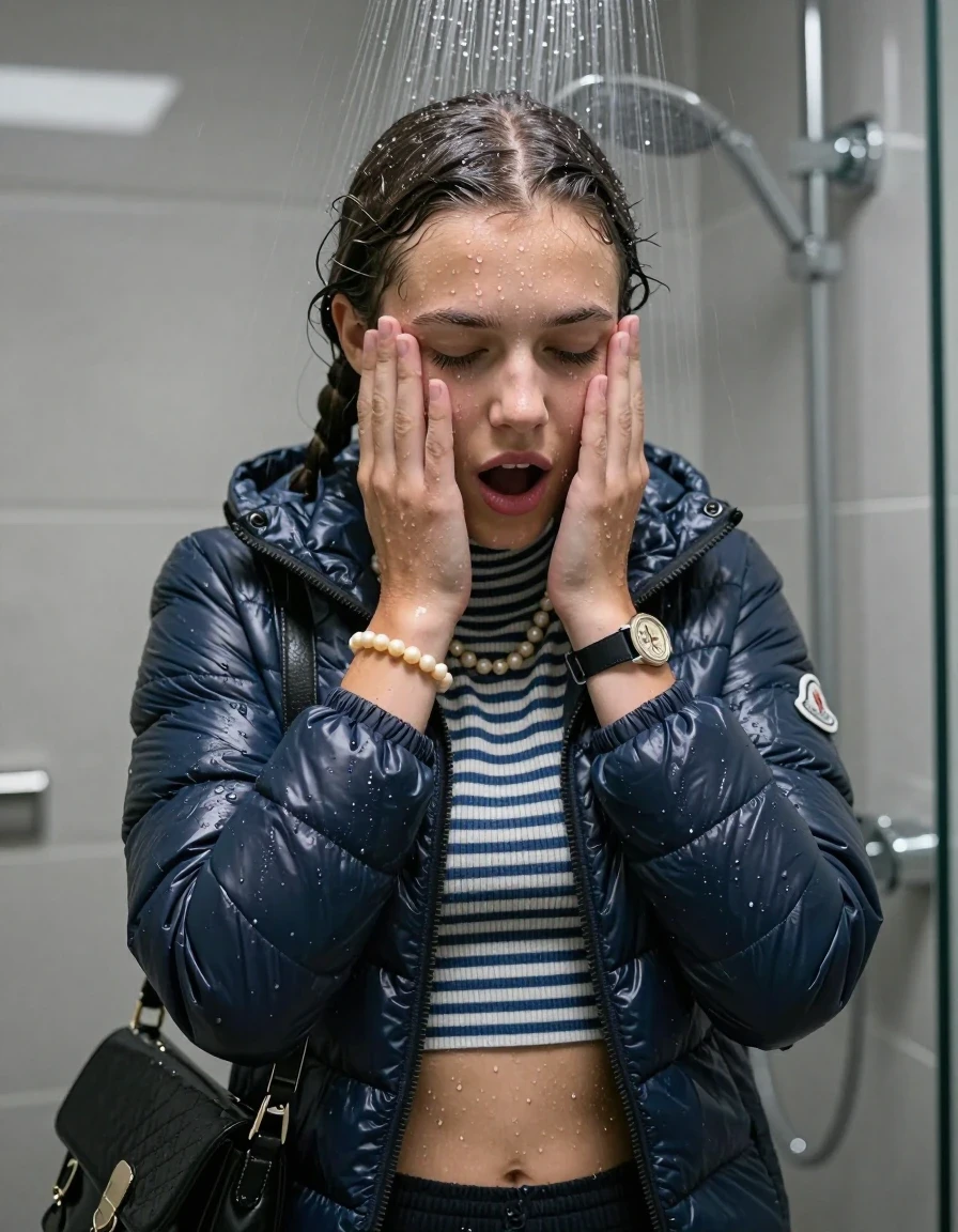 photo of young woman, in soaking wet, drenched clothes,
, , Moncler puffer down jacket, tight striped knit turtleneck sweater belly free, handbag, pearl necklace, bracelet, wristwatch, Under the shower, strong jet of water, modern mirrored bathroom, 
enjoying, wet clothes stuck to body,
detailed textures of the wet clothes, wet face, wet plastered hair,
wet, drenched, professional, high-quality details, full body view.
sharp focus, ultra-high pixel detail, realistic, high-quality, full colors, incredibly detailed, 4k, 8k, 16k, hyper-realistic, RAW photo, masterpiece, ultra-detailed, professionally color graded, professional photograph, Two pigtails

15 years old  teenage girl

Only head and shoulders are over the surface visible. Open mouth, closed eyes. Looking down. Hold her hands over her face.

she is completely underwater up to her neck, afraid and astonished expression. 

her submerged clothes are hardly vusible under water, she soaked her handbag into the water

close up view, wet skin, wet clothes, wet hair, damp fabric, water runs down the clothes, wet skin, wet clothes, damp fabric., wet skin, wet clothes, damp fabric, wet skin, wet clothes, damp fabric, wet skin, wet clothes, damp fabric