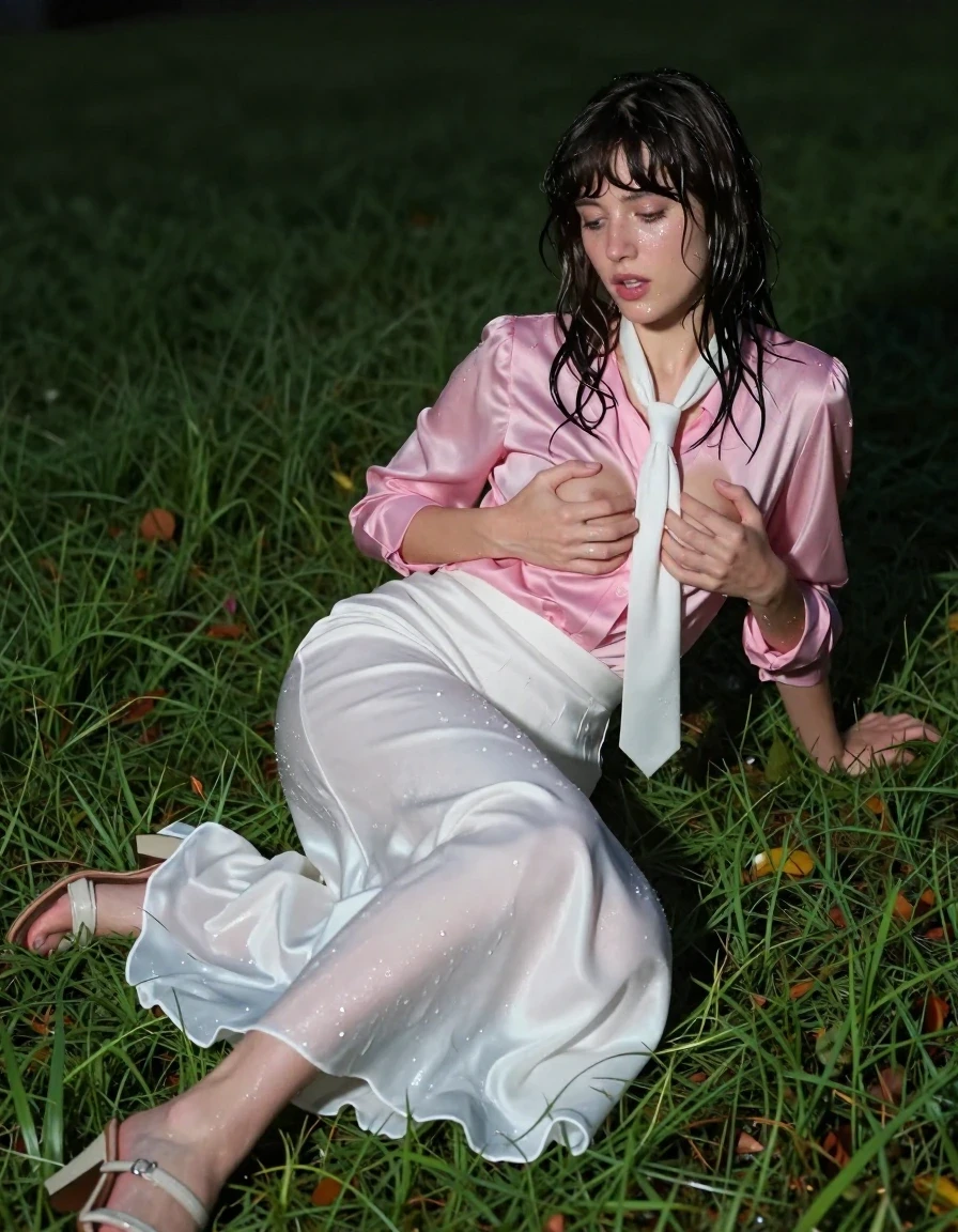 photo of young woman, in soaking wet, drenched clothes,
sandals, excessively long floor-length long silk white skirt, Beatles haired woman: oversized pink long-sleeved satin blouse with white necktie, laying in the wet grass at night in a public park, 
enjoying, wet clothes stuck to body,
detailed textures of the wet clothes, wet face, wet plastered hair,
wet, drenched, professional, high-quality details, full body view.
sharp focus, ultra-high pixel detail, realistic, high-quality, full colors, incredibly detailed, 4k, 8k, 16k, hyper-realistic, RAW photo, masterpiece, ultra-detailed, professionally color graded, professional photograph, having an orgasm while lying, massaging her breasts, wet skin, wet clothes, damp fabric, wet skin, wet clothes, damp fabric