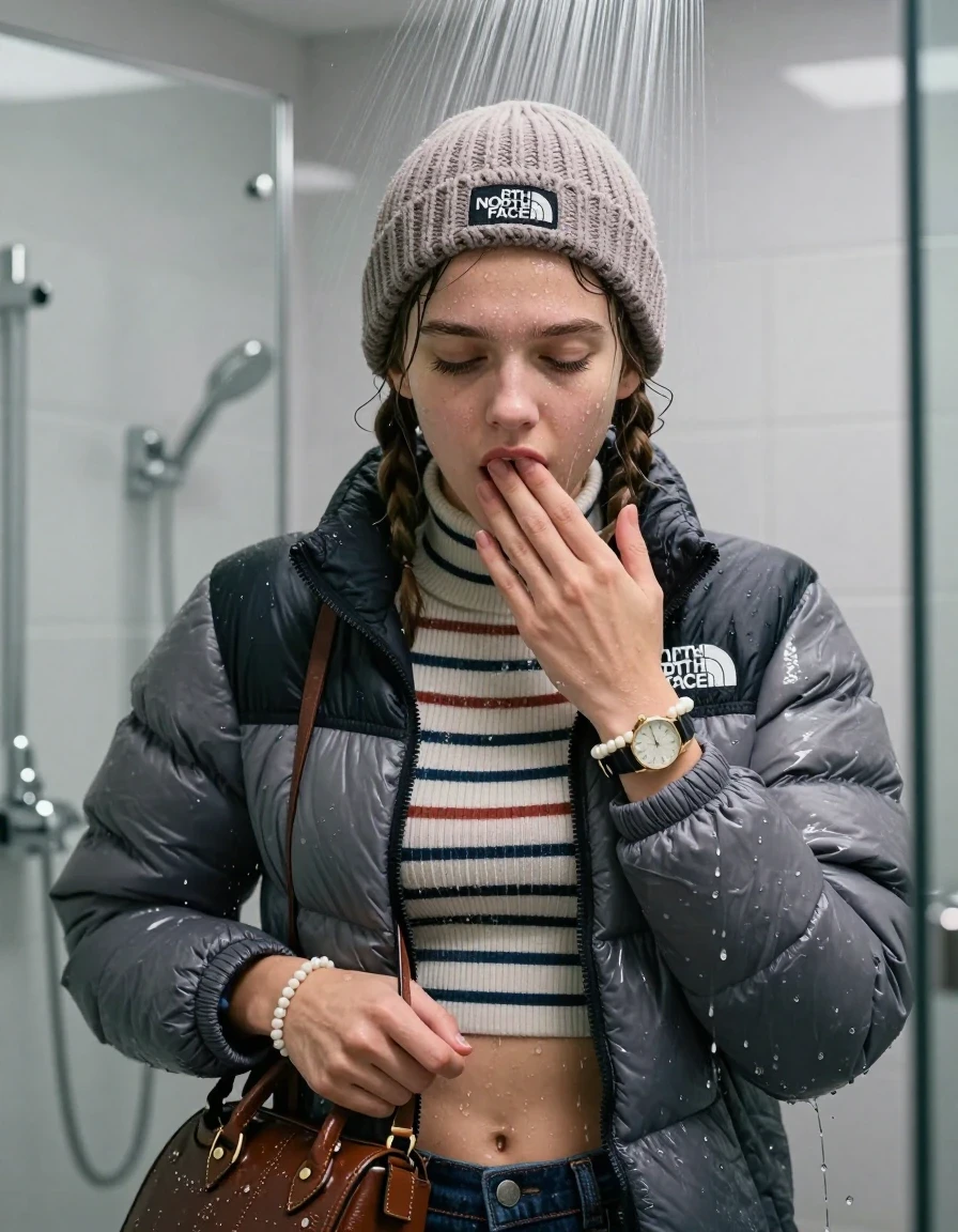 photo of young woman, in soaking wet, drenched clothes,
, , North face puffer down jacket, tight striped knit turtleneck sweater belly free, handbag, pearl necklace, bracelet, wristwatch, knitted north face hat, Under the shower, strong jet of water, modern mirrored bathroom, 
enjoying, wet clothes stuck to body,
detailed textures of the wet clothes, wet face, wet plastered hair,
wet, drenched, professional, high-quality details, full body view.
sharp focus, ultra-high pixel detail, realistic, high-quality, full colors, incredibly detailed, 4k, 8k, 16k, hyper-realistic, RAW photo, masterpiece, ultra-detailed, professionally color graded, professional photograph, Two pigtails

15 years old  teenage girl

Only head and shoulders are over the surface visible. Open mouth, closed eyes. Looking down. Hold her hand on her mouth.

she is completely underwater up to her neck, afraid and astonished expression. 

her submerged clothes are hardly vusible under water, she soaked her handbag into the water

close up view, wet skin, wet clothes, wet hair, damp fabric, water runs down the clothes, wet skin, wet clothes, damp fabric., wet skin, wet clothes, damp fabric, wet skin, wet clothes, damp fabric, wet skin, wet clothes, damp fabric