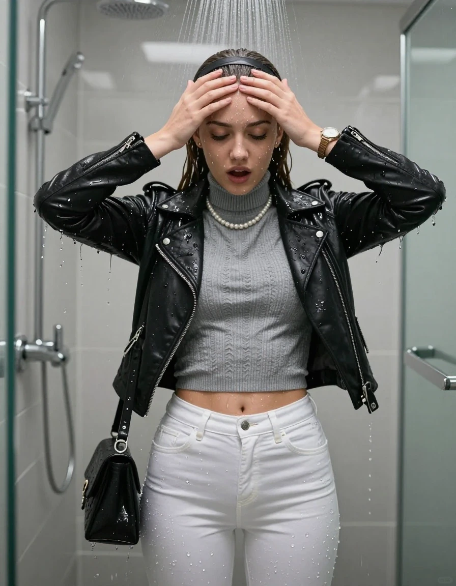 photo of young woman, in soaking wet, drenched clothes,
, Totaly wet tight white skinny jeans, Black biker leatherjacket, tight grey knit turtleneck sweater belly free, handbag, pearl necklace, bracelet, wristwatch , Under the shower, strong jet of water, modern mirrored bathroom, 
enjoying, wet clothes stuck to body,
detailed textures of the wet clothes, wet face, wet plastered hair,
wet, drenched, professional, high-quality details, full body view.
sharp focus, ultra-high pixel detail, realistic, high-quality, full colors, incredibly detailed, 4k, 8k, 16k, hyper-realistic, RAW photo, masterpiece, ultra-detailed, professionally color graded, professional photograph, Sleek long straight hair with hairband

15 years old  teenage girl

Only head and shoulders are over the surface visible. Hold her hands over her forehead. Open mouth, closed eyes. Looking down.

she is completely underwater up to her neck, afraid and astonished expression. 

her submerged clothes are hardly vusible under water, she soaked her handbag into the water

close up view, wet skin, wet clothes, wet hair, damp fabric, water runs down the clothes, wet skin, wet clothes, damp fabric., wet skin, wet clothes, damp fabric, wet skin, wet clothes, damp fabric