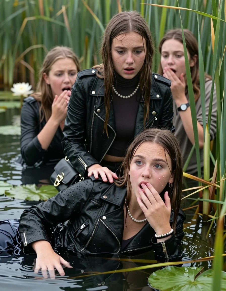 photo of young woman, in soaking wet, drenched clothes,
, , Black biker leatherjacket, tight turtleneck sweater with wide neckline belly free, handbag, pearl necklace, bracelet, wristwatch , Two 15-years-old teenage girls Emerging after diving in a lake with water lilies and reeds, 
enjoying, wet clothes stuck to body,
detailed textures of the wet clothes, wet face, wet plastered hair,
wet, drenched, professional, high-quality details, full body view.
sharp focus, ultra-high pixel detail, realistic, high-quality, full colors, incredibly detailed, 4k, 8k, 16k, hyper-realistic, RAW photo, masterpiece, ultra-detailed, professionally color graded, professional photograph, Sleek long straight hair

15 years old  teenage girl

Laying her breast on the surface.  Looking slightly away. Hold her hand on her mouth. Open mouth, big eyes.

she is completely underwater up to her neck, afraid and astonished expression. 

The girls wear different clothes.

She hides in the reeds and is surprised by spectators

her submerged clothes are hardly vusible under water, she soaked her handbag into the water

close up view, wet skin, wet clothes, wet hair, damp fabric, water runs down the clothes, wet skin, wet clothes, damp fabric., wet skin, wet clothes, damp fabric, wet skin, wet clothes, damp fabric