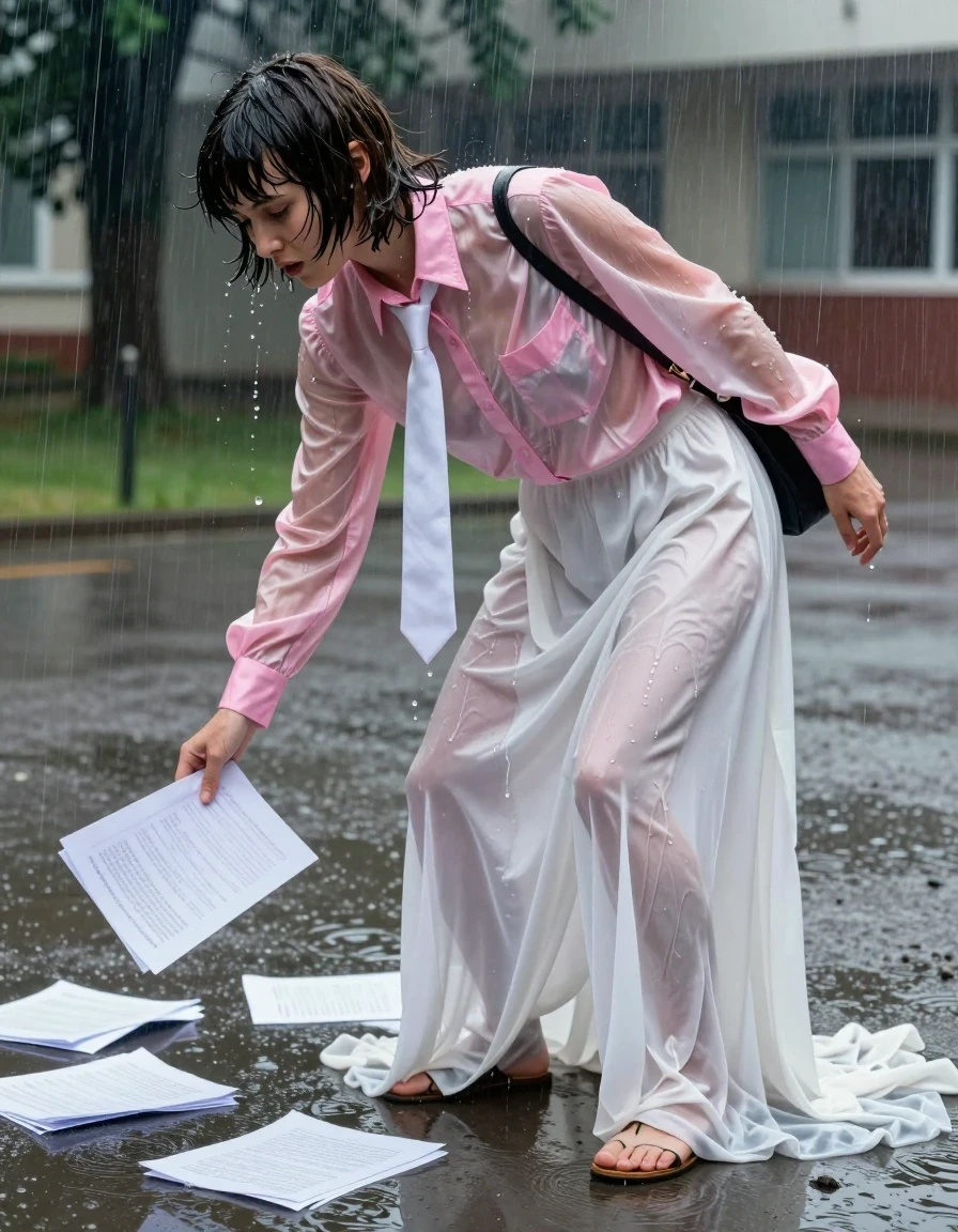 A photorealistic shot of a young adult European woman with a Beatles-style haircut, caught in a heavy rainstorm in a schoolyard. She is wearing an oversized pink long-sleeved satin blouse that is clinging to her skin, heavily soaked and translucent, with a white necktie that is dripping wet. She wears a floor-length white silk skirt that is excessively long, dragging on the wet pavement, dark and heavy with water, clinging to her legs and revealing their shape through the wet fabric. She is wearing simple sandals on her feet. The woman is in a clumsy, awkward pose, hunched over and struggling to pick up scattered test papers from a large, murky puddle on the asphalt. Her bag is sliding off her shoulder, adding to her disheveled state. The scene is saturated with water; her hair is plastered to her forehead, her skin is slick with rain, and her clothing is saturated and heavy. The schoolyard is gloomy, with rain lashing down, creating ripples in puddles and a wet sheen on all surfaces. Dramatic, cold, overcast lighting, cinematic depth of field, high-resolution photography, hyper-realistic textures of wet silk and satin, water droplets and splashing effects.