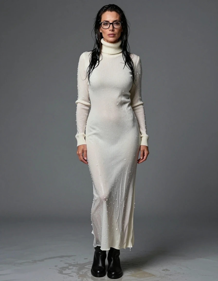 photo of young woman, in soaking wet, drenched clothes,
boots, maxi white high-neck sweater dress with long sleeves, maxi white high-neck sweater dress with long sleeves, enjoying wet clothes stuck body, enjoying, wet clothes stuck to body, 
enjoying, wet clothes stuck to body,
detailed textures of the wet clothes, wet face, wet plastered hair,
wet, drenched, professional, high-quality details, full body view.
sharp focus, ultra-high pixel detail, realistic, high-quality, full colors, incredibly detailed, 4k, 8k, 16k, hyper-realistic, RAW photo, masterpiece, ultra-detailed, professionally color graded, professional photograph, europen brunette skinny woman 50 years old, long dark black hair, very big and thick lips,  office glasses, complete body, wet skin, wet clothes, damp fabric, wet skin, wet clothes, damp fabric, wet skin, wet clothes, damp fabric, wet skin, wet clothes, damp fabric, wet skin, wet clothes, damp fabric