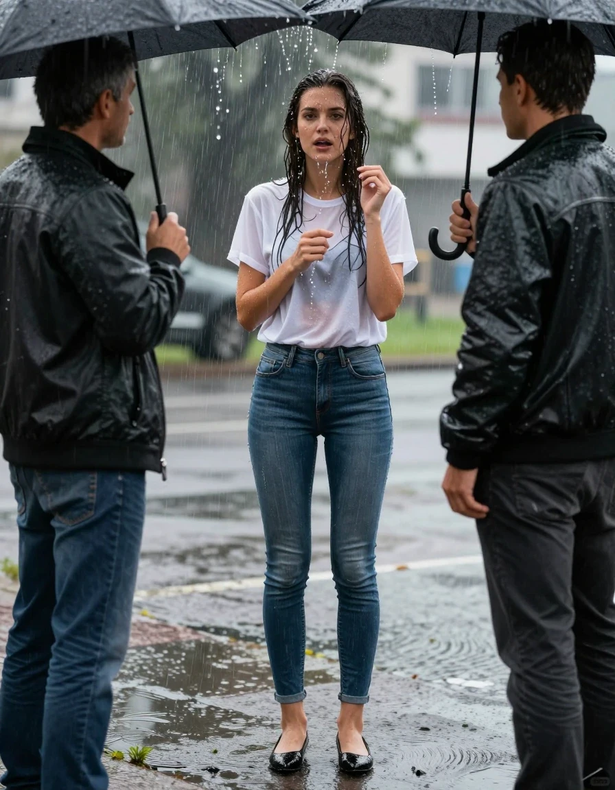 photo of young woman, in soaking wet, drenched clothes,
Black Flats, light Pantyhose, Long skinny jeans, T-Shirt, , 
enjoying, wet clothes stuck to body,
detailed textures of the wet clothes, wet face, wet plastered hair,
wet, drenched, professional, high-quality details, full body view.
sharp focus, ultra-high pixel detail, realistic, high-quality, full colors, incredibly detailed, 4k, 8k, 16k, hyper-realistic, RAW photo, masterpiece, ultra-detailed, professionally color graded, professional photograph, young, very slender female reporter is standing in very heavy Rainstorm. She is interviewing a man standing under an umbrella. She is completely soaked from head to toe, with water streaming down her entire body. Her clothes are clinging to her. The girl is not carrying an umbrella., wet skin, wet clothes, damp fabric