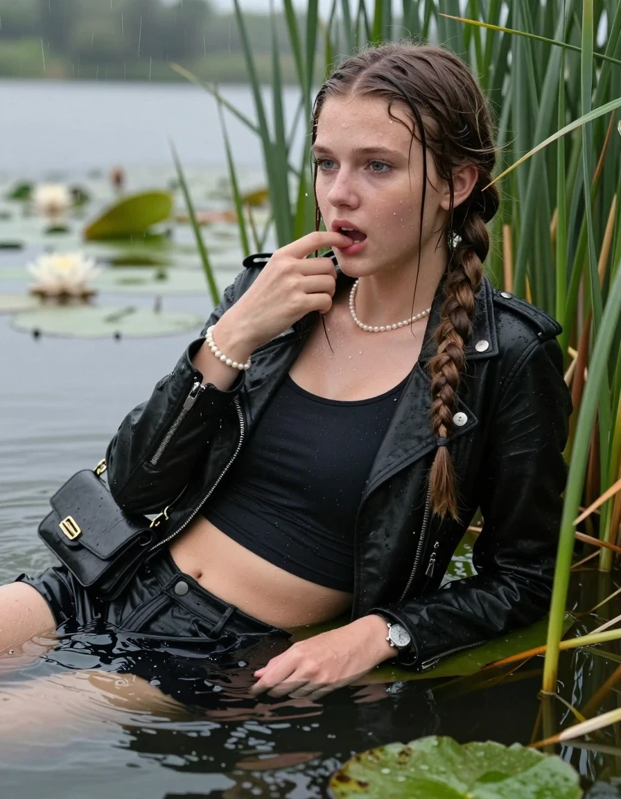 photo of young woman, in soaking wet, drenched clothes,
, , Black biker leatherjacket, tight sexy tshirt with wide neckline belly free, handbag, pearl necklace, bracelet, wristwatch , Emerging after diving in a lake with water lilies and reeds, rain , 
enjoying, wet clothes stuck to body,
detailed textures of the wet clothes, wet face, wet plastered hair,
wet, drenched, professional, high-quality details, full body view.
sharp focus, ultra-high pixel detail, realistic, high-quality, full colors, incredibly detailed, 4k, 8k, 16k, hyper-realistic, RAW photo, masterpiece, ultra-detailed, professionally color graded, professional photograph, Two long braids

15 years old  teenage girl

Laying her breast on the surface.  Looking slightly away. Puts a finger in the mouth.

she is completely underwater up to her neck, afraid and astonished expression. 

She hides in the reeds and is surprised by spectators

her submerged clothes are hardly vusible under water, she soaked her handbag into the water

close up view, wet skin, wet clothes, wet hair, damp fabric, water runs down the clothes, wet skin, wet clothes, damp fabric, wet skin, wet clothes, damp fabric, wet skin, wet clothes, damp fabric, wet skin, wet clothes, damp fabric, wet skin, wet clothes, damp fabric, wet skin, wet clothes, damp fabric, wet skin, wet clothes, damp fabric, wet skin, wet clothes, damp fabric, wet skin, wet clothes, damp fabric, wet skin, wet clothes, damp fabric, wet skin, wet clothes, damp fabric, wet skin, wet clothes, damp fabric, wet skin, wet clothes, damp fabric, wet skin, wet clothes, damp fabric, wet skin, wet clothes, damp fabric, wet skin, wet clothes, damp fabric, wet skin, wet clothes, damp fabric, wet skin, wet clothes, damp fabric, wet skin, wet clothes, damp fabric, wet skin, wet clothes, damp fabric