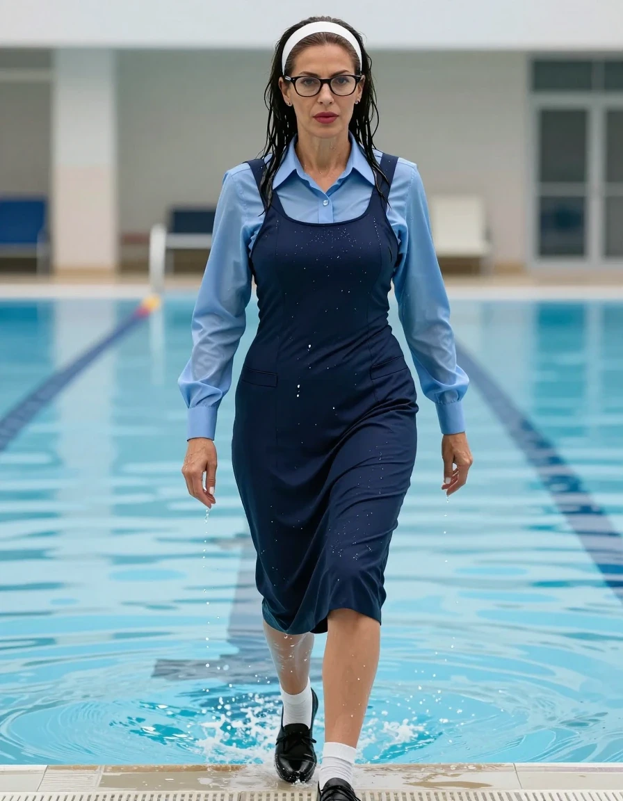 photo of young woman, in soaking wet, drenched clothes,
black shoes, white socks, school uniform with maxi dark blue school tight dress with two pockets and blue shirt with long sleeves, school uniform with maxi dark blue school tight dress with two pockets and blue shirt with long sleeves, walking after swimming in school pool, enjoying wet clothes stuck body, enjoying, wet clothes stuck to body, 
enjoying, wet clothes stuck to body,
detailed textures of the wet clothes, wet face, wet plastered hair,
wet, drenched, professional, high-quality details, full body view.
sharp focus, ultra-high pixel detail, realistic, high-quality, full colors, incredibly detailed, 4k, 8k, 16k, hyper-realistic, RAW photo, masterpiece, ultra-detailed, professionally color graded, professional photograph, europen brunette skinny woman 50 years old, long dark black hair, very big and thick lips,  office glasses, white headband, complete body, wet skin, wet clothes, damp fabric, wet skin, wet clothes, damp fabric, wet skin, wet clothes, damp fabric, wet skin, wet clothes, damp fabric, wet skin, wet clothes, damp fabric