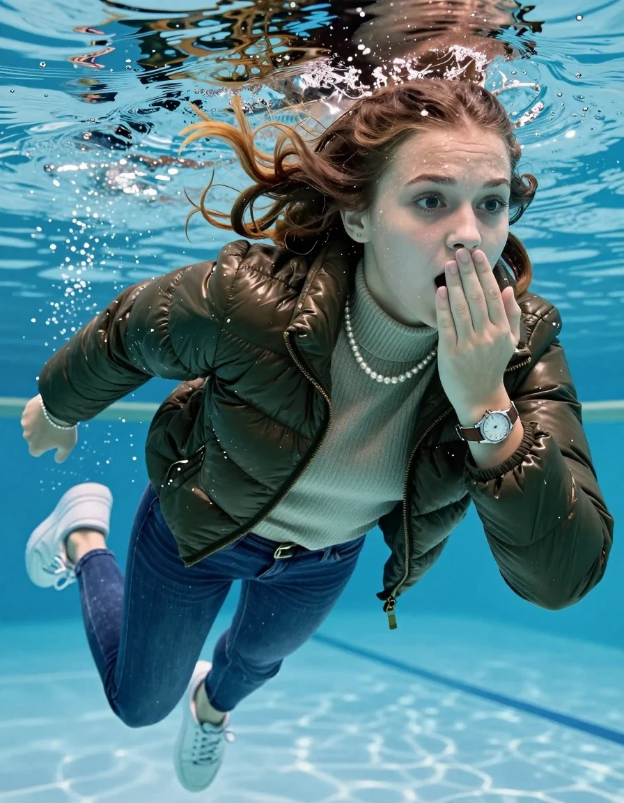 photo of young woman, in soaking wet, drenched clothes,
White sneakers , Completely soaked tight skinny jeans,  Belstaff olive shiny puffer down jacket, tight knit turtleneck sweater, shoulderbag, pearl necklace, bracelet, wristwatch , Swimming half submerged underwater in swimming pool , 
enjoying, wet clothes stuck to body,
detailed textures of the wet clothes, wet face, wet plastered hair,
wet, drenched, professional, high-quality details, full body view.
sharp focus, ultra-high pixel detail, realistic, high-quality, full colors, incredibly detailed, 4k, 8k, 16k, hyper-realistic, RAW photo, masterpiece, ultra-detailed, professionally color graded, professional photograph, Two sleek long braids

15 years old  teenage girl

Hold her hand over her mouth and nose. Looking slightly away. Open mouth, big eyes.

she is completely underwater up to her neck, afraid and astonished expression. 

Swimming movements with Arms and legs. Breast swimming.

her submerged clothes are hardly vusible under water, she soaked her handbag into the water

close up view, wet skin, wet clothes, wet hair, damp fabric, water runs down the clothes, wet skin, wet clothes, damp fabric, wet skin, wet clothes, damp fabric, wet skin, wet clothes, damp fabric, wet skin, wet clothes, damp fabric, wet skin, wet clothes, damp fabric, wet skin, wet clothes, damp fabric, wet skin, wet clothes, damp fabric, wet skin, wet clothes, damp fabric, wet skin, wet clothes, damp fabric, wet skin, wet clothes, damp fabric, wet skin, wet clothes, damp fabric, wet skin, wet clothes, damp fabric, wet skin, wet clothes, damp fabric, wet skin, wet clothes, damp fabric, wet skin, wet clothes, damp fabric, wet skin, wet clothes, damp fabric, wet skin, wet clothes, damp fabric, wet skin, wet clothes, damp fabric, wet skin, wet clothes, damp fabric, wet skin, wet clothes, damp fabric