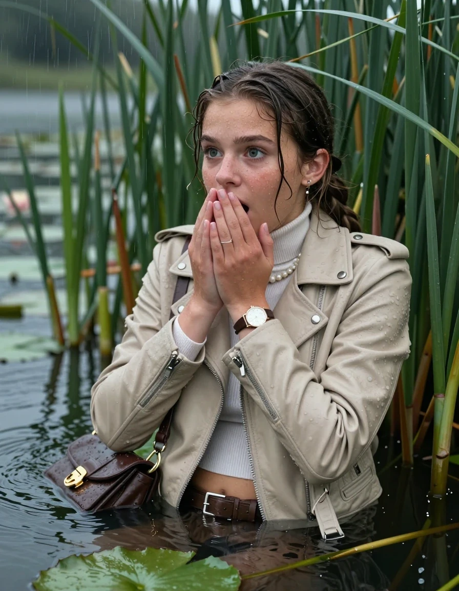 photo of young woman, in soaking wet, drenched clothes,
, , Beige biker leatherjacket, tight turtleneck sweater with wide neckline belly free, handbag, pearl necklace, bracelet, wristwatch , Emerging after diving in a lake with water lilies and reeds, rain , 
enjoying, wet clothes stuck to body,
detailed textures of the wet clothes, wet face, wet plastered hair,
wet, drenched, professional, high-quality details, full body view.
sharp focus, ultra-high pixel detail, realistic, high-quality, full colors, incredibly detailed, 4k, 8k, 16k, hyper-realistic, RAW photo, masterpiece, ultra-detailed, professionally color graded, professional photograph, Pigtails

15 years old  teenage girl

Laying her breast on the surface.  Looking slightly away. Hold her hands on her mouth.Open mouth, big eyes.

she is completely underwater up to her neck, afraid and astonished expression. 

She hides in the reeds and is surprised by spectators

her submerged clothes are hardly vusible under water, she soaked her handbag into the water

close up view, wet skin, wet clothes, wet hair, damp fabric, water runs down the clothes, wet skin, wet clothes, damp fabric., wet skin, wet clothes, damp fabric, wet skin, wet clothes, damp fabric