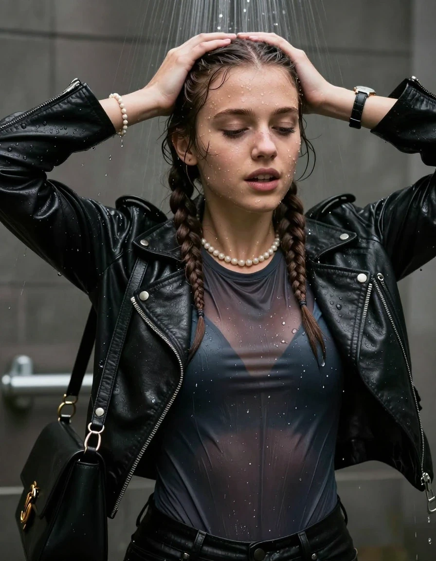 photo of young woman, in soaking wet, drenched clothes,
, , Black biker leatherjacket, tight sexy tshirt with wide neckline belly free, handbag, pearl necklace, bracelet, wristwatch , Under the shower, 
enjoying, wet clothes stuck to body,
detailed textures of the wet clothes, wet face, wet plastered hair,
wet, drenched, professional, high-quality details, full body view.
sharp focus, ultra-high pixel detail, realistic, high-quality, full colors, incredibly detailed, 4k, 8k, 16k, hyper-realistic, RAW photo, masterpiece, ultra-detailed, professionally color graded, professional photograph, Two long braids

15 years old  teenage girl

Only head and shoulders are over the surface visible. Looking slightly away. Hold her hands over her head. Open mouth, closed eyes. Slightly smile.

she is completely underwater up to her neck, afraid and astonished expression. 

her submerged clothes are hardly vusible under water, she soaked her handbag into the water

close up view, wet skin, wet clothes, wet hair, damp fabric, water runs down the clothes, wet skin, wet clothes, damp fabric., wet skin, wet clothes, damp fabric