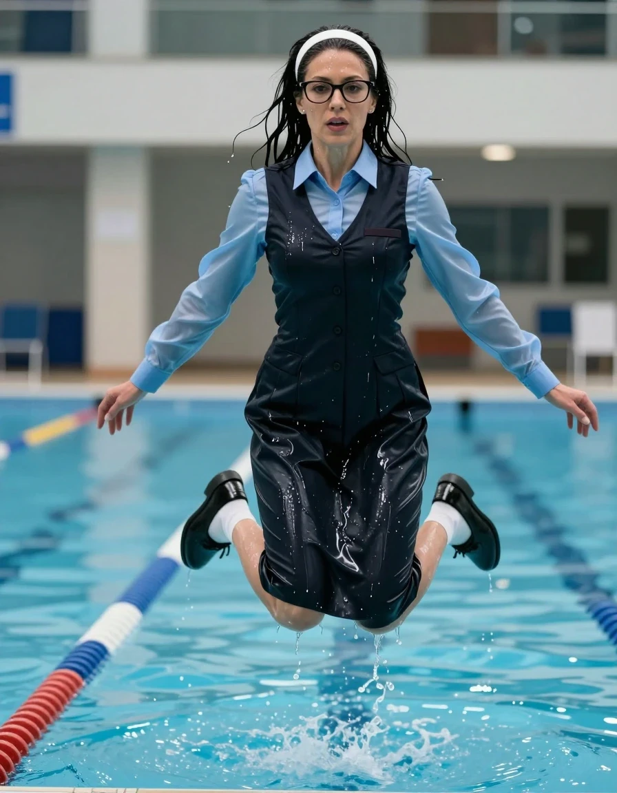 photo of young woman, in soaking wet, drenched clothes,
black shoes, white socks, school uniform with maxi black school tight dress with two pockets and blue shirt with long sleeves, school uniform with maxi black school tight dress with two pockets and blue shirt with long sleeves, jumping in swimming school pool, enjoying wet clothes stuck body, enjoying, wet clothes stuck to body, 
enjoying, wet clothes stuck to body,
detailed textures of the wet clothes, wet face, wet plastered hair,
wet, drenched, professional, high-quality details, full body view.
sharp focus, ultra-high pixel detail, realistic, high-quality, full colors, incredibly detailed, 4k, 8k, 16k, hyper-realistic, RAW photo, masterpiece, ultra-detailed, professionally color graded, professional photograph, europen brunette skinny woman 50 years old, long dark black hair, very big and thick lips,  office glasses, white headband, complete body, wet skin, wet clothes, damp fabric, wet skin, wet clothes, damp fabric, wet skin, wet clothes, damp fabric, wet skin, wet clothes, damp fabric, wet skin, wet clothes, damp fabric