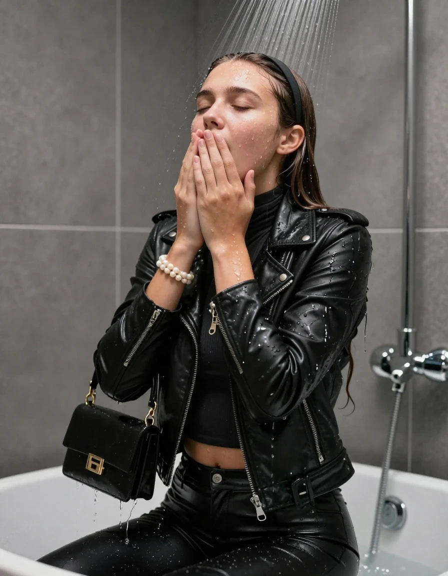 photo of young woman, in soaking wet, drenched clothes,
, Black leatherleggings , Black biker leatherjacket, tight knot turtleneck sweater belly free, handbag, pearl necklace, bracelet, wristwatch , Under the shower, strong jet of water, modern mirrored bathroom, 
enjoying, wet clothes stuck to body,
detailed textures of the wet clothes, wet face, wet plastered hair,
wet, drenched, professional, high-quality details, full body view.
sharp focus, ultra-high pixel detail, realistic, high-quality, full colors, incredibly detailed, 4k, 8k, 16k, hyper-realistic, RAW photo, masterpiece, ultra-detailed, professionally color graded, professional photograph, Sleek long straight hair with hairband

15 years old  teenage girl

Only head and shoulders are over the surface visible. Hold her hands over her mouth and nose. Open mouth, closed eyes. Looking up.

she is completely underwater up to her neck, afraid and astonished expression. 

her submerged clothes are hardly vusible under water, she soaked her handbag into the water

close up view, wet skin, wet clothes, wet hair, damp fabric, water runs down the clothes, wet skin, wet clothes, damp fabric., wet skin, wet clothes, damp fabric, wet skin, wet clothes, damp fabric