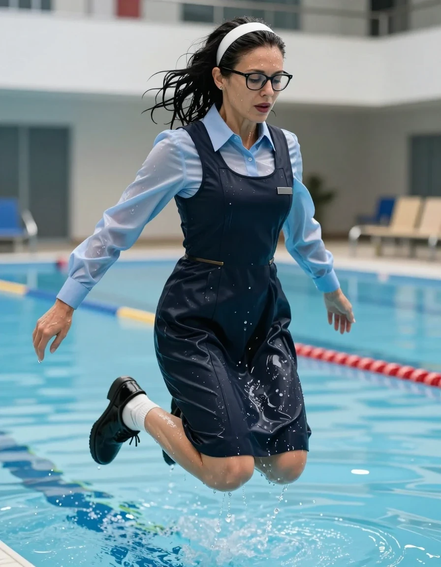 photo of young woman, in soaking wet, drenched clothes,
black shoes, white socks, school uniform with maxi black school tight dress with two pockets and blue shirt with long sleeves, school uniform with maxi black school tight dress with two pockets and blue shirt with long sleeves, jumping in swimming school pool, enjoying wet clothes stuck body, enjoying, wet clothes stuck to body, 
enjoying, wet clothes stuck to body,
detailed textures of the wet clothes, wet face, wet plastered hair,
wet, drenched, professional, high-quality details, full body view.
sharp focus, ultra-high pixel detail, realistic, high-quality, full colors, incredibly detailed, 4k, 8k, 16k, hyper-realistic, RAW photo, masterpiece, ultra-detailed, professionally color graded, professional photograph, europen brunette skinny woman 50 years old, long dark black hair, very big and thick lips,  office glasses, white headband, complete body, wet skin, wet clothes, damp fabric, wet skin, wet clothes, damp fabric, wet skin, wet clothes, damp fabric, wet skin, wet clothes, damp fabric, wet skin, wet clothes, damp fabric