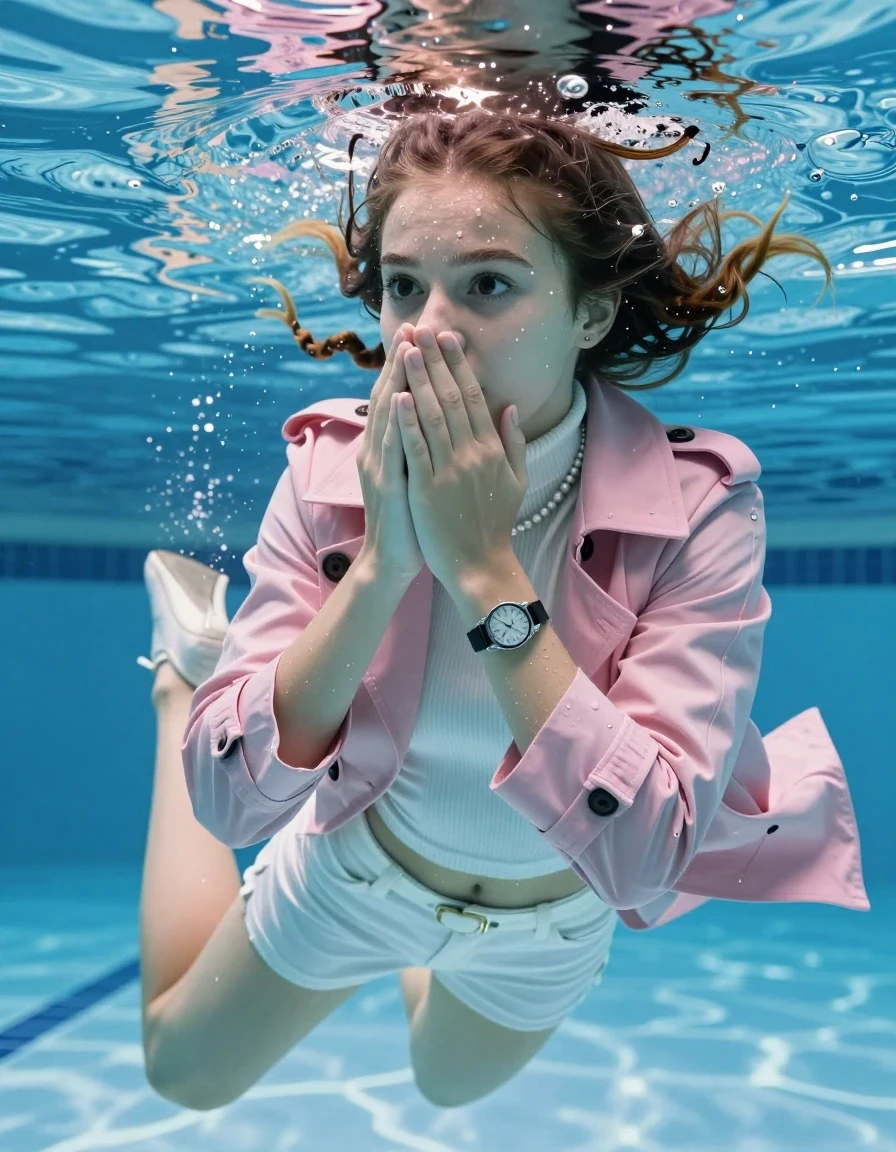 photo of young woman, in soaking wet, drenched clothes,
Heels, White mini , Pink trenchcoat, tight knit turtleneck sweater belly free, shoulderbag, pearl necklace, bracelet, wristwatch , Swimming underwater in swimming pool, only head is visible over surface, 
enjoying, wet clothes stuck to body,
detailed textures of the wet clothes, wet face, wet plastered hair,
wet, drenched, professional, high-quality details, full body view.
sharp focus, ultra-high pixel detail, realistic, high-quality, full colors, incredibly detailed, 4k, 8k, 16k, hyper-realistic, RAW photo, masterpiece, ultra-detailed, professionally color graded, professional photograph, Two sleek long braids

15 years old  teenage girl

Covers her nose with her hands. Looking slightly away. Open mouth, big eyes.

she is completely underwater up to her neck, afraid and astonished expression. 

Swimming movements with Arms and legs. Breast swimming.

her submerged clothes are hardly vusible under water, she soaked her handbag into the water

close up view, wet skin, wet clothes, wet hair, damp fabric, water runs down the clothes, wet skin, wet clothes, damp fabric, wet skin, wet clothes, damp fabric, wet skin, wet clothes, damp fabric, wet skin, wet clothes, damp fabric, wet skin, wet clothes, damp fabric, wet skin, wet clothes, damp fabric, wet skin, wet clothes, damp fabric, wet skin, wet clothes, damp fabric, wet skin, wet clothes, damp fabric, wet skin, wet clothes, damp fabric, wet skin, wet clothes, damp fabric, wet skin, wet clothes, damp fabric, wet skin, wet clothes, damp fabric, wet skin, wet clothes, damp fabric, wet skin, wet clothes, damp fabric, wet skin, wet clothes, damp fabric, wet skin, wet clothes, damp fabric, wet skin, wet clothes, damp fabric, wet skin, wet clothes, damp fabric, wet skin, wet clothes, damp fabric, wet skin, wet clothes, damp fabric, wet skin, wet clothes, damp fabric, wet skin, wet clothes, damp fabric