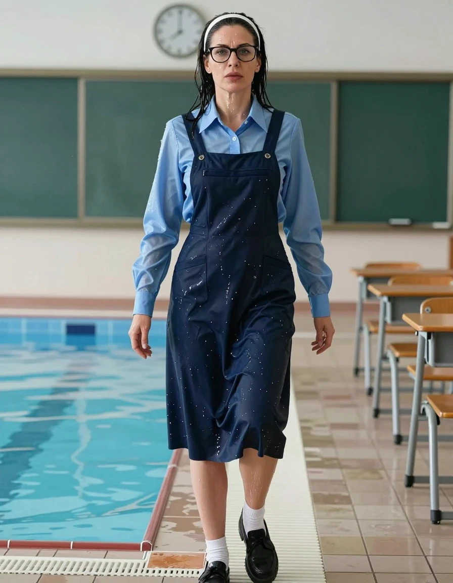 photo of young woman, in soaking wet, drenched clothes,
black shoes, white socks, school uniform with maxi dark blue school tight pinafore with two pockets and blue shirt with long sleeves, school uniform with maxi dark blue school tight pinafore with two pockets and blue shirt with long sleeves, after swimming in classroom, enjoying wet clothes stuck body, enjoying, wet clothes stuck to body, 
enjoying, wet clothes stuck to body,
detailed textures of the wet clothes, wet face, wet plastered hair,
wet, drenched, professional, high-quality details, full body view.
sharp focus, ultra-high pixel detail, realistic, high-quality, full colors, incredibly detailed, 4k, 8k, 16k, hyper-realistic, RAW photo, masterpiece, ultra-detailed, professionally color graded, professional photograph, europen brunette skinny woman 50 years old, long dark black hair, very big and thick lips,  office glasses, white headband, complete body, wet skin, wet clothes, damp fabric, wet skin, wet clothes, damp fabric, wet skin, wet clothes, damp fabric, wet skin, wet clothes, damp fabric, wet skin, wet clothes, damp fabric