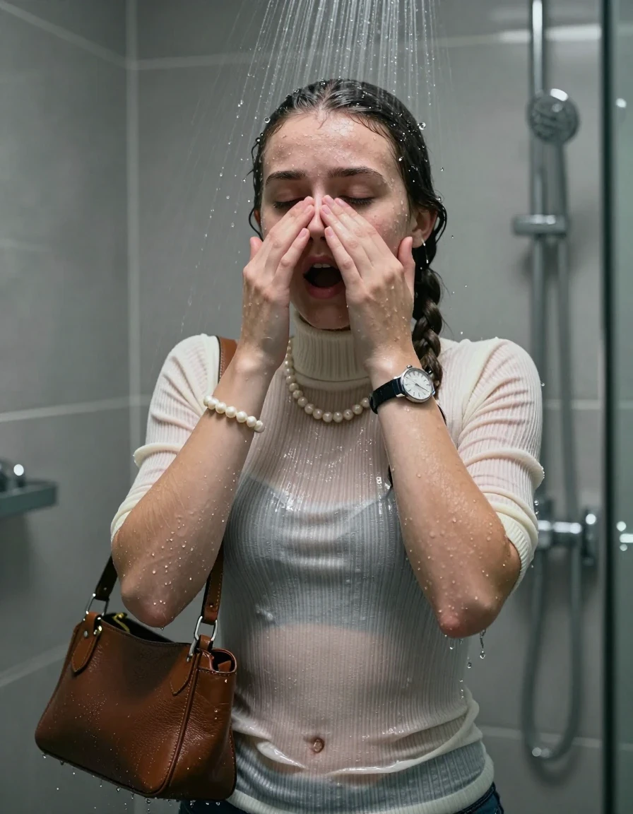 photo of young woman, in soaking wet, drenched clothes,
, ,  tight striped knit turtleneck sweater belly free, handbag, pearl necklace, bracelet, wristwatch, Under the shower, strong jet of water, modern mirrored bathroom, 
enjoying, wet clothes stuck to body,
detailed textures of the wet clothes, wet face, wet plastered hair,
wet, drenched, professional, high-quality details, full body view.
sharp focus, ultra-high pixel detail, realistic, high-quality, full colors, incredibly detailed, 4k, 8k, 16k, hyper-realistic, RAW photo, masterpiece, ultra-detailed, professionally color graded, professional photograph, Two pigtails

15 years old  teenage girl

Only head and shoulders are over the surface visible. Open mouth, closed eyes. Looking up. Hold her hands on her nose.

she is completely underwater up to her neck, afraid and astonished expression. 

her submerged clothes are hardly vusible under water, she soaked her handbag into the water

close up view, wet skin, wet clothes, wet hair, damp fabric, water runs down the clothes, wet skin, wet clothes, damp fabric., wet skin, wet clothes, damp fabric, wet skin, wet clothes, damp fabric, wet skin, wet clothes, damp fabric