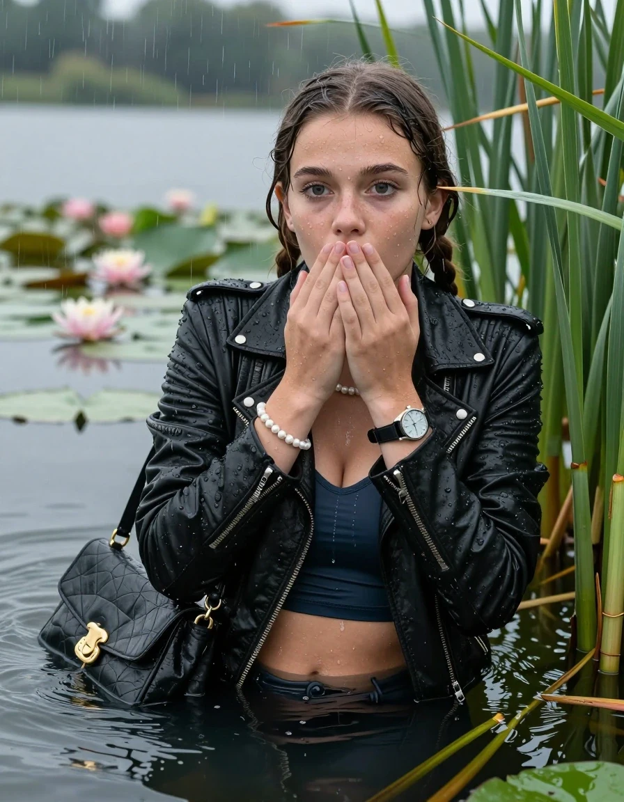 photo of young woman, in soaking wet, drenched clothes,
, , Black biker leatherjacket, tight sexy tshirt with wide neckline belly free, handbag, pearl necklace, bracelet, wristwatch , Emerging after diving in a lake with water lilies and reeds, rain , 
enjoying, wet clothes stuck to body,
detailed textures of the wet clothes, wet face, wet plastered hair,
wet, drenched, professional, high-quality details, full body view.
sharp focus, ultra-high pixel detail, realistic, high-quality, full colors, incredibly detailed, 4k, 8k, 16k, hyper-realistic, RAW photo, masterpiece, ultra-detailed, professionally color graded, professional photograph, Pigtails

15 years old  teenage girl

Laying her breast on the surface.  Looking slightly away. Hold her hands on her mouth.

she is completely underwater up to her neck, afraid and astonished expression. 

She hides in the reeds and is surprised by spectators

her submerged clothes are hardly vusible under water, she soaked her handbag into the water

close up view, wet skin, wet clothes, wet hair, damp fabric, water runs down the clothes, wet skin, wet clothes, damp fabric., wet skin, wet clothes, damp fabric, wet skin, wet clothes, damp fabric