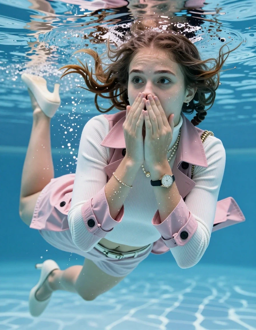 photo of young woman, in soaking wet, drenched clothes,
Heels, White mini , Pink trenchcoat, tight knit turtleneck sweater belly free, shoulderbag, pearl necklace, bracelet, wristwatch , Swimming half submerged underwater in swimming pool , 
enjoying, wet clothes stuck to body,
detailed textures of the wet clothes, wet face, wet plastered hair,
wet, drenched, professional, high-quality details, full body view.
sharp focus, ultra-high pixel detail, realistic, high-quality, full colors, incredibly detailed, 4k, 8k, 16k, hyper-realistic, RAW photo, masterpiece, ultra-detailed, professionally color graded, professional photograph, Two sleek long braids

15 years old  teenage girl

Covers her nose with her hands. Looking slightly away. Open mouth, big eyes.

she is completely underwater up to her neck, afraid and astonished expression. 

Swimming movements with Arms and legs. Breast swimming.

her submerged clothes are hardly vusible under water, she soaked her handbag into the water

close up view, wet skin, wet clothes, wet hair, damp fabric, water runs down the clothes, wet skin, wet clothes, damp fabric, wet skin, wet clothes, damp fabric, wet skin, wet clothes, damp fabric, wet skin, wet clothes, damp fabric, wet skin, wet clothes, damp fabric, wet skin, wet clothes, damp fabric, wet skin, wet clothes, damp fabric, wet skin, wet clothes, damp fabric, wet skin, wet clothes, damp fabric, wet skin, wet clothes, damp fabric, wet skin, wet clothes, damp fabric, wet skin, wet clothes, damp fabric, wet skin, wet clothes, damp fabric, wet skin, wet clothes, damp fabric, wet skin, wet clothes, damp fabric, wet skin, wet clothes, damp fabric, wet skin, wet clothes, damp fabric, wet skin, wet clothes, damp fabric, wet skin, wet clothes, damp fabric, wet skin, wet clothes, damp fabric, wet skin, wet clothes, damp fabric, wet skin, wet clothes, damp fabric, wet skin, wet clothes, damp fabric
