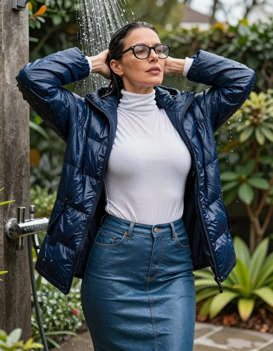 photo of young woman, in soaking wet, drenched clothes,
buts, long blue leather denim skirt, white high-neck sweater with long sleeves, maxi dark blue down jacket, takin shower in sunny garden, enjoying wet clothes stuck body, enjoying, wet clothes stuck to body, 
enjoying, wet clothes stuck to body,
detailed textures of the wet clothes, wet face, wet plastered hair,
wet, drenched, professional, high-quality details, full body view.
sharp focus, ultra-high pixel detail, realistic, high-quality, full colors, incredibly detailed, 4k, 8k, 16k, hyper-realistic, RAW photo, masterpiece, ultra-detailed, professionally color graded, professional photograph, europen brunette skinny woman 50 years old, long dark black hair, very big and thick lips,  office glasses, complete body, wet skin, wet clothes, damp fabric, wet skin, wet clothes, damp fabric, wet skin, wet clothes, damp fabric, wet skin, wet clothes, damp fabric, wet skin, wet clothes, damp fabric
