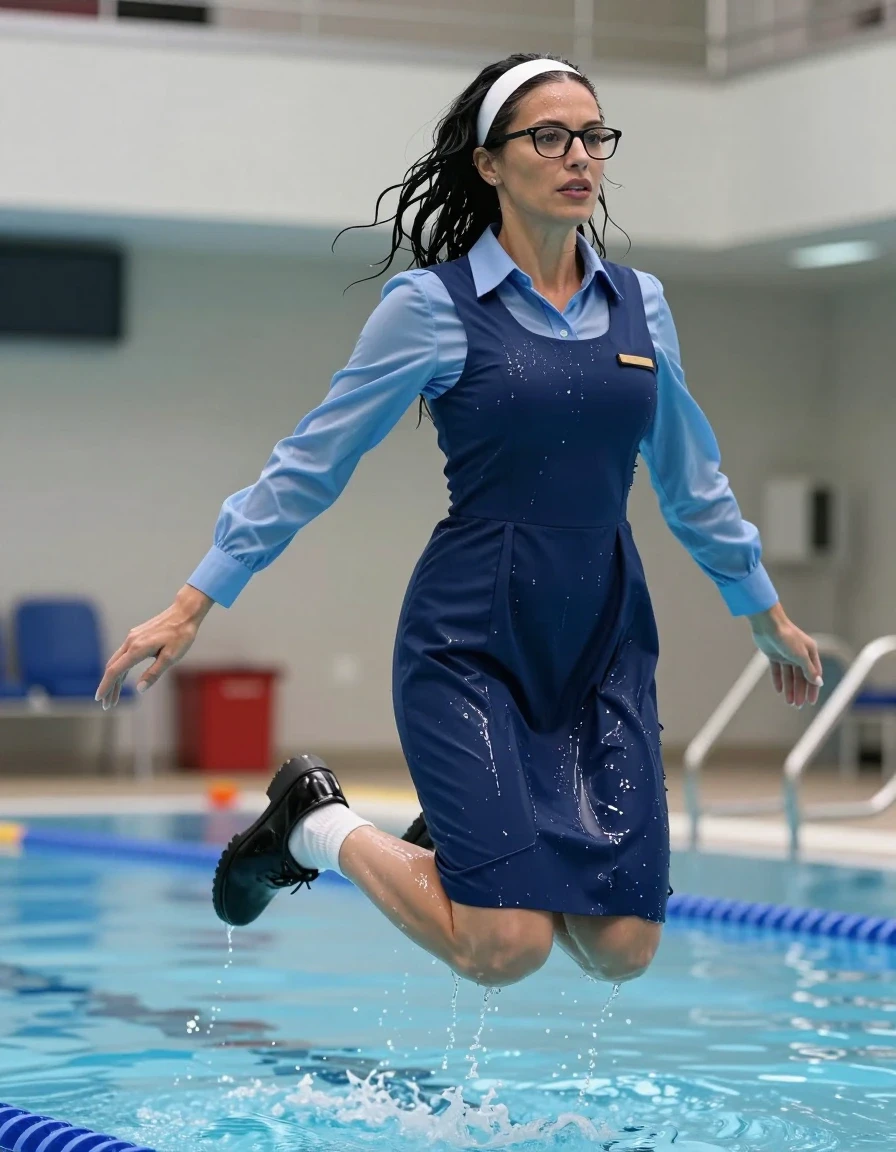 photo of young woman, in soaking wet, drenched clothes,
black shoes, white socks, school uniform with maxi blue school tight dress with two pockets and blue shirt with long sleeves, school uniform with maxi blue school tight dress with two pockets and blue shirt with long sleeves, jumping in swimming school pool, enjoying wet clothes stuck body, enjoying, wet clothes stuck to body, 
enjoying, wet clothes stuck to body,
detailed textures of the wet clothes, wet face, wet plastered hair,
wet, drenched, professional, high-quality details, full body view.
sharp focus, ultra-high pixel detail, realistic, high-quality, full colors, incredibly detailed, 4k, 8k, 16k, hyper-realistic, RAW photo, masterpiece, ultra-detailed, professionally color graded, professional photograph, europen brunette skinny woman 50 years old, long dark black hair, very big and thick lips,  office glasses, white headband, complete body, wet skin, wet clothes, damp fabric, wet skin, wet clothes, damp fabric, wet skin, wet clothes, damp fabric, wet skin, wet clothes, damp fabric, wet skin, wet clothes, damp fabric