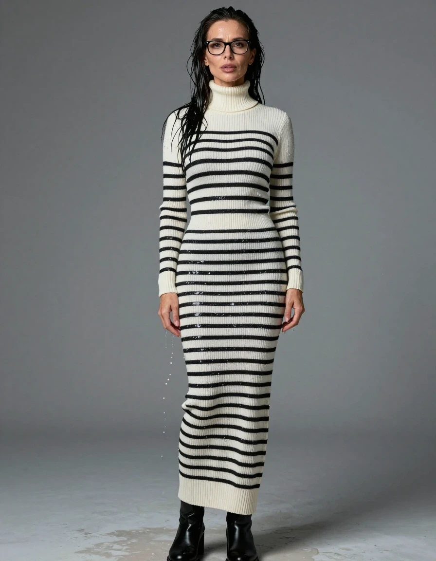 photo of young woman, in soaking wet, drenched clothes,
boots, maxi white & black striped high-neck sweater dress with long sleeves, maxi white & black striped high-neck sweater dress with long sleeves, enjoying wet clothes stuck body, enjoying, wet clothes stuck to body, 
enjoying, wet clothes stuck to body,
detailed textures of the wet clothes, wet face, wet plastered hair,
wet, drenched, professional, high-quality details, full body view.
sharp focus, ultra-high pixel detail, realistic, high-quality, full colors, incredibly detailed, 4k, 8k, 16k, hyper-realistic, RAW photo, masterpiece, ultra-detailed, professionally color graded, professional photograph, europen brunette skinny woman 50 years old, long dark black hair, very big and thick lips,  office glasses, complete body, wet skin, wet clothes, damp fabric, wet skin, wet clothes, damp fabric, wet skin, wet clothes, damp fabric, wet skin, wet clothes, damp fabric, wet skin, wet clothes, damp fabric