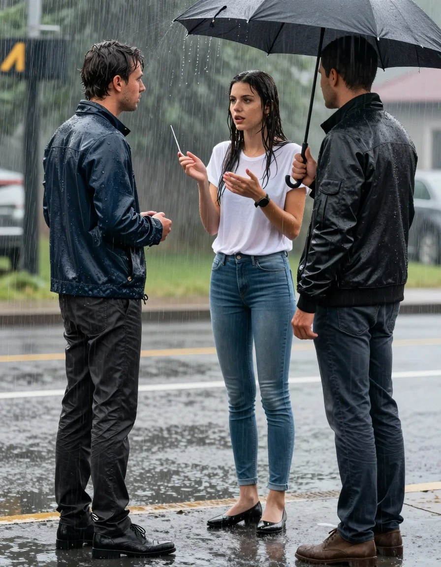 photo of young woman, in soaking wet, drenched clothes,
Black Flats, light Pantyhose, Long skinny jeans, T-Shirt, , 
enjoying, wet clothes stuck to body,
detailed textures of the wet clothes, wet face, wet plastered hair,
wet, drenched, professional, high-quality details, full body view.
sharp focus, ultra-high pixel detail, realistic, high-quality, full colors, incredibly detailed, 4k, 8k, 16k, hyper-realistic, RAW photo, masterpiece, ultra-detailed, professionally color graded, professional photograph, young, very slender female reporter is standing in very heavy Rainstorm. She is interviewing a man standing under an umbrella. She is completely soaked from head to toe, with water streaming down her entire body. Her clothes are clinging to her. The girl is not carrying an umbrella., wet skin, wet clothes, damp fabric