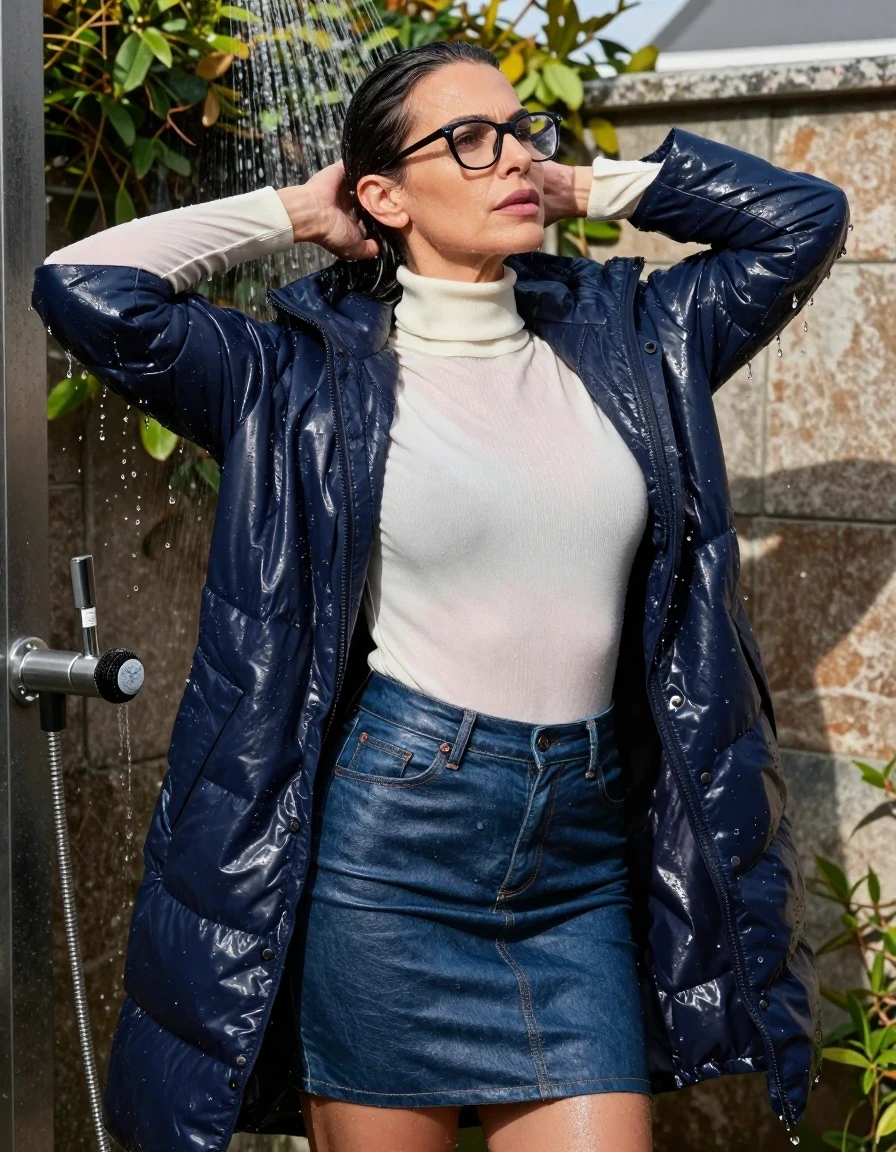 photo of young woman, in soaking wet, drenched clothes,
butts, long blue leather denim skirt, white high-neck sweater with long sleeves, maxi dark blue down jacket, takin shower in sunny garden, enjoying wet clothes stuck body, enjoying, wet clothes stuck to body, 
enjoying, wet clothes stuck to body,
detailed textures of the wet clothes, wet face, wet plastered hair,
wet, drenched, professional, high-quality details, full body view.
sharp focus, ultra-high pixel detail, realistic, high-quality, full colors, incredibly detailed, 4k, 8k, 16k, hyper-realistic, RAW photo, masterpiece, ultra-detailed, professionally color graded, professional photograph, europen brunette skinny woman 50 years old, long dark black hair, very big and thick lips,  office glasses, complete body, wet skin, wet clothes, damp fabric, wet skin, wet clothes, damp fabric, wet skin, wet clothes, damp fabric, wet skin, wet clothes, damp fabric, wet skin, wet clothes, damp fabric