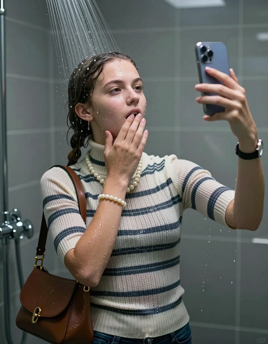 photo of young woman, in soaking wet, drenched clothes,
, ,  tight striped knit turtleneck sweater belly free, handbag, pearl necklace, bracelet, wristwatch, Under the shower, strong jet of water, modern mirrored bathroom, 
enjoying, wet clothes stuck to body,
detailed textures of the wet clothes, wet face, wet plastered hair,
wet, drenched, professional, high-quality details, full body view.
sharp focus, ultra-high pixel detail, realistic, high-quality, full colors, incredibly detailed, 4k, 8k, 16k, hyper-realistic, RAW photo, masterpiece, ultra-detailed, professionally color graded, professional photograph, Two pigtails

15 years old  teenage girl

Only head and shoulders are over the surface visible. Open mouth, half closed eyes. Looking up. Take a Selfie with her smartphone. One Hand over her mouth.

she is completely underwater up to her neck, afraid and astonished expression. 

her submerged clothes are hardly vusible under water, she soaked her handbag into the water

close up view, wet skin, wet clothes, wet hair, damp fabric, water runs down the clothes, wet skin, wet clothes, damp fabric., wet skin, wet clothes, damp fabric, wet skin, wet clothes, damp fabric, wet skin, wet clothes, damp fabric, wet skin, wet clothes, damp fabric