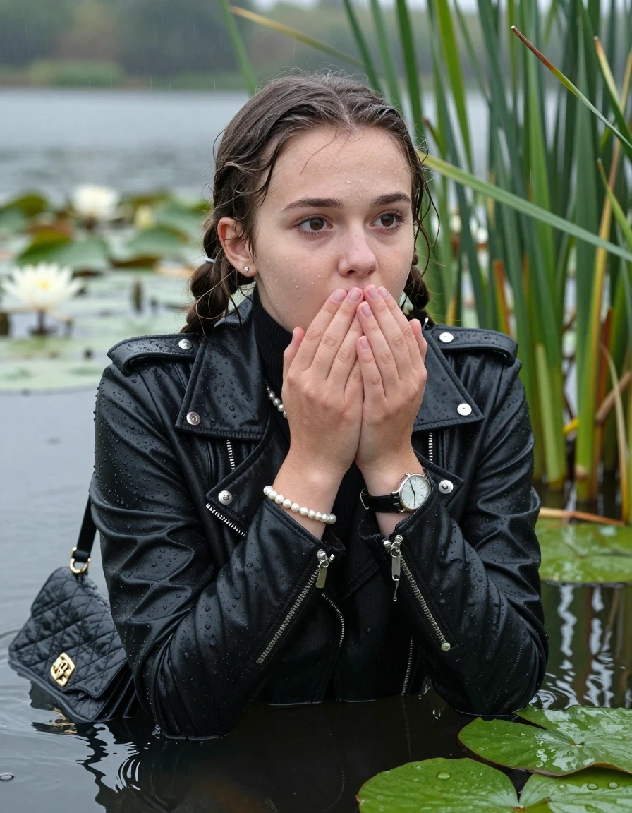 photo of young woman, in soaking wet, drenched clothes,
, , Black biker leatherjacket, tight turtleneck sweater with wide neckline belly free, handbag, pearl necklace, bracelet, wristwatch , Emerging after diving in a lake with water lilies and reeds, rain , 
enjoying, wet clothes stuck to body,
detailed textures of the wet clothes, wet face, wet plastered hair,
wet, drenched, professional, high-quality details, full body view.
sharp focus, ultra-high pixel detail, realistic, high-quality, full colors, incredibly detailed, 4k, 8k, 16k, hyper-realistic, RAW photo, masterpiece, ultra-detailed, professionally color graded, professional photograph, Pigtails

15 years old  teenage girl

Laying her breast on the surface.  Looking slightly away. Hold her hands on her mouth.Open mouth, big eyes.

she is completely underwater up to her neck, afraid and astonished expression. 

She hides in the reeds and is surprised by spectators

her submerged clothes are hardly vusible under water, she soaked her handbag into the water

close up view, wet skin, wet clothes, wet hair, damp fabric, water runs down the clothes, wet skin, wet clothes, damp fabric., wet skin, wet clothes, damp fabric, wet skin, wet clothes, damp fabric