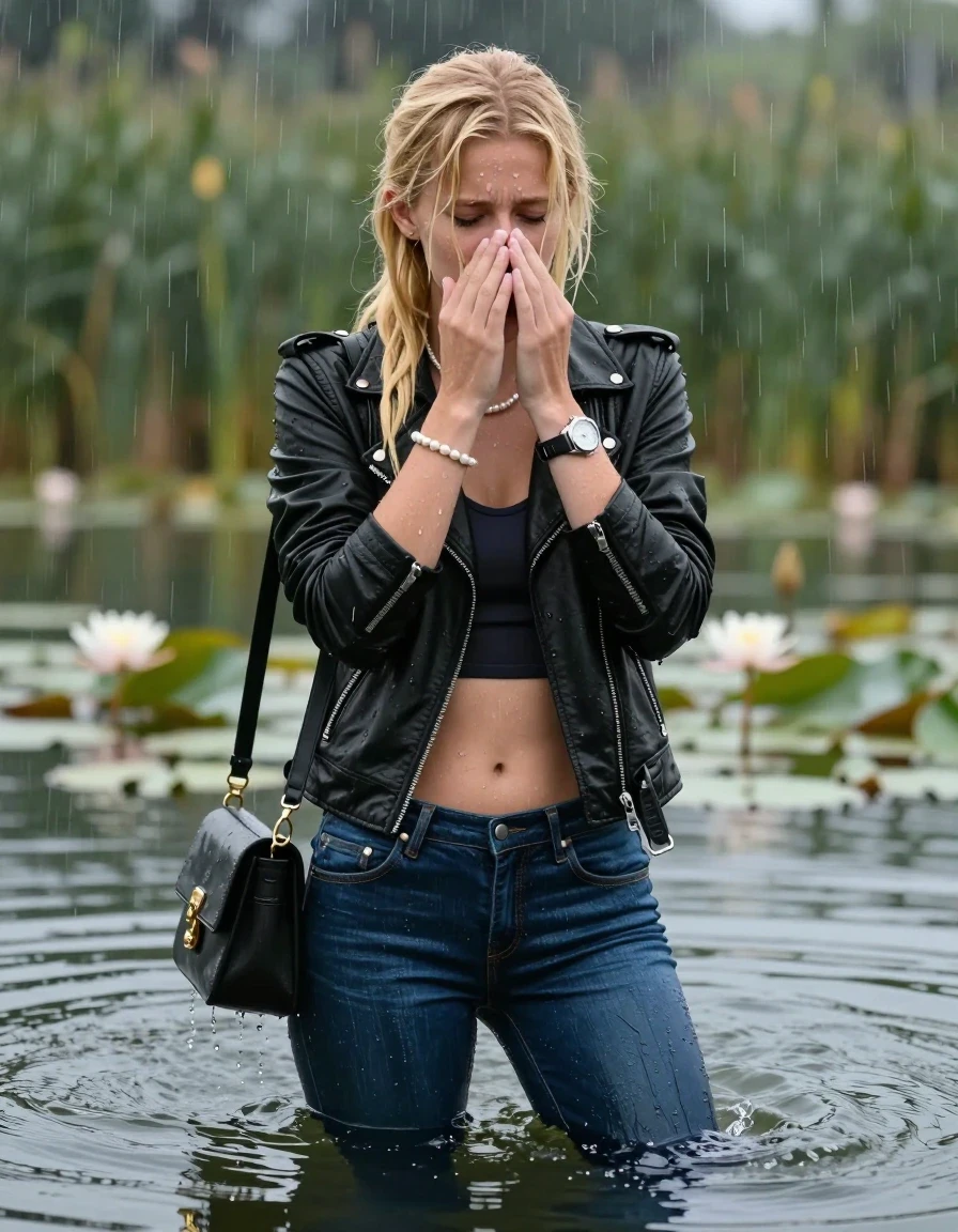 photo of young woman, in soaking wet, drenched clothes,
, Completely soaked tight skinny jeans, Black biker leatherjacket, tight sexy tshirt with wide neckline belly free, shoulderbag, pearl necklace, bracelet, wristwatch , Emerging after diving in a lake with water lilies and reeds, rain , 
enjoying, wet clothes stuck to body,
detailed textures of the wet clothes, wet face, wet plastered hair,
wet, drenched, professional, high-quality details, full body view.
sharp focus, ultra-high pixel detail, realistic, high-quality, full colors, incredibly detailed, 4k, 8k, 16k, hyper-realistic, RAW photo, masterpiece, ultra-detailed, professionally color graded, professional photograph, Blonde sleek long ponytail with bangs

15 years old  teenage girl

Covers her nose with her hands. Looking slightly away. Open mouth, closed eyes.

she is completely underwater up to her neck, afraid and astonished expression. 

Swimming movements with Arms and legs. Breast swimming.

her submerged clothes are hardly vusible under water, she soaked her handbag into the water

close up view, wet skin, wet clothes, wet hair, damp fabric, water runs down the clothes, wet skin, wet clothes, damp fabric, wet skin, wet clothes, damp fabric, wet skin, wet clothes, damp fabric, wet skin, wet clothes, damp fabric, wet skin, wet clothes, damp fabric, wet skin, wet clothes, damp fabric, wet skin, wet clothes, damp fabric, wet skin, wet clothes, damp fabric, wet skin, wet clothes, damp fabric, wet skin, wet clothes, damp fabric, wet skin, wet clothes, damp fabric, wet skin, wet clothes, damp fabric, wet skin, wet clothes, damp fabric, wet skin, wet clothes, damp fabric, wet skin, wet clothes, damp fabric, wet skin, wet clothes, damp fabric, wet skin, wet clothes, damp fabric, wet skin, wet clothes, damp fabric, wet skin, wet clothes, damp fabric, wet skin, wet clothes, damp fabric, wet skin, wet clothes, damp fabric