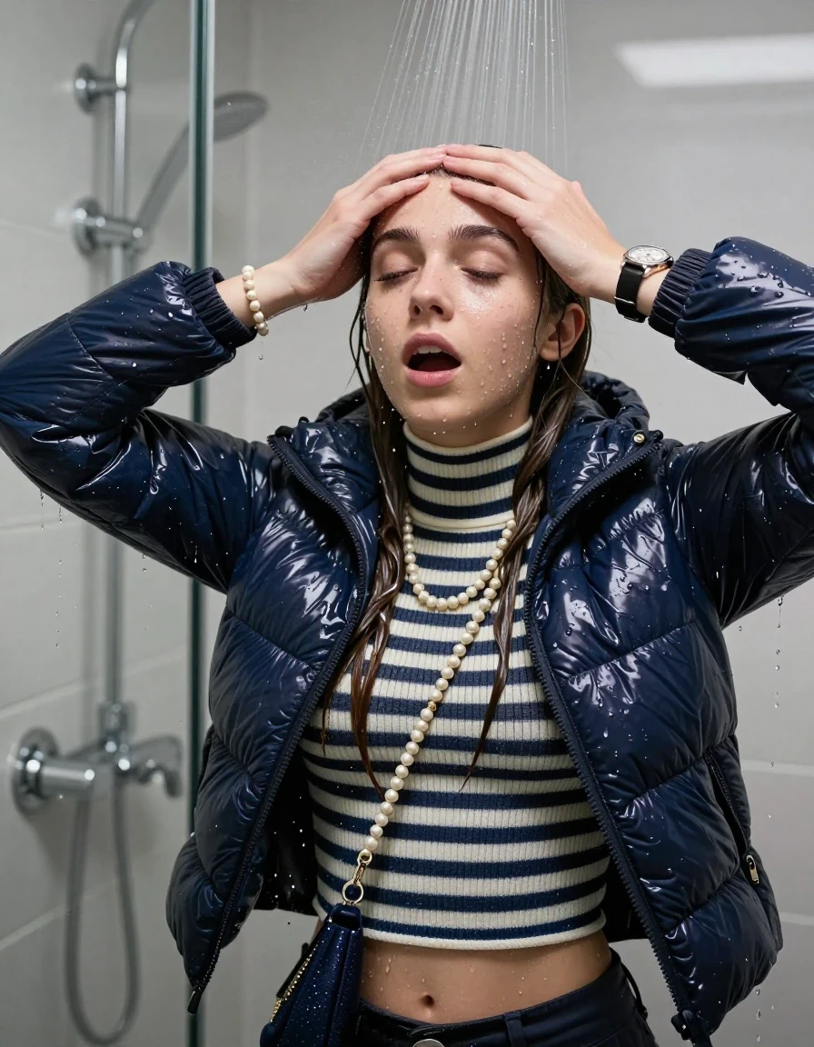 photo of young woman, in soaking wet, drenched clothes,
, , Moncler shiny puffer down jacket, tight striped knit turtleneck sweater belly free, handbag, pearl necklace, bracelet, wristwatch , Under the shower, strong jet of water, modern mirrored bathroom, 
enjoying, wet clothes stuck to body,
detailed textures of the wet clothes, wet face, wet plastered hair,
wet, drenched, professional, high-quality details, full body view.
sharp focus, ultra-high pixel detail, realistic, high-quality, full colors, incredibly detailed, 4k, 8k, 16k, hyper-realistic, RAW photo, masterpiece, ultra-detailed, professionally color graded, professional photograph, Sleek long straight hair with hairband

15 years old  teenage girl

Only head and shoulders are over the surface visible. Hold her hands over her forehead. Open mouth, closed eyes. Looking up.

she is completely underwater up to her neck, afraid and astonished expression. 

her submerged clothes are hardly vusible under water, she soaked her handbag into the water

close up view, wet skin, wet clothes, wet hair, damp fabric, water runs down the clothes, wet skin, wet clothes, damp fabric., wet skin, wet clothes, damp fabric, wet skin, wet clothes, damp fabric, wet skin, wet clothes, damp fabric