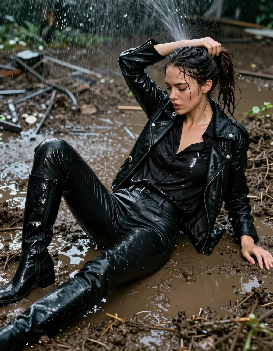 photo of young woman, in soaking wet, drenched clothes,
Knee length black leather boots , Black leather long pants , Oversize black silk button shirt, and black leather jacket , Lying in a mud pit, heavy rain, night, drenched, covered in mud , 
enjoying, wet clothes stuck to body,
detailed textures of the wet clothes, wet face, wet plastered hair,
wet, drenched, professional, high-quality details, full body view.
sharp focus, ultra-high pixel detail, realistic, high-quality, full colors, incredibly detailed, 4k, 8k, 16k, hyper-realistic, RAW photo, masterpiece, ultra-detailed, professionally color graded, professional photograph, subject wringing out a wet ponytail while standing under a spraying overhead sprinkler, water droplets visible in mid-air, realistic street photography, sharp focus on fabric texture, high-angle wide shot, cinematic lighting, photorealistic lifestyle photography, rich natural color, balanced bright exposure, moderate contrast, softly lifted shadows, wet skin, wet clothes, damp fabric
