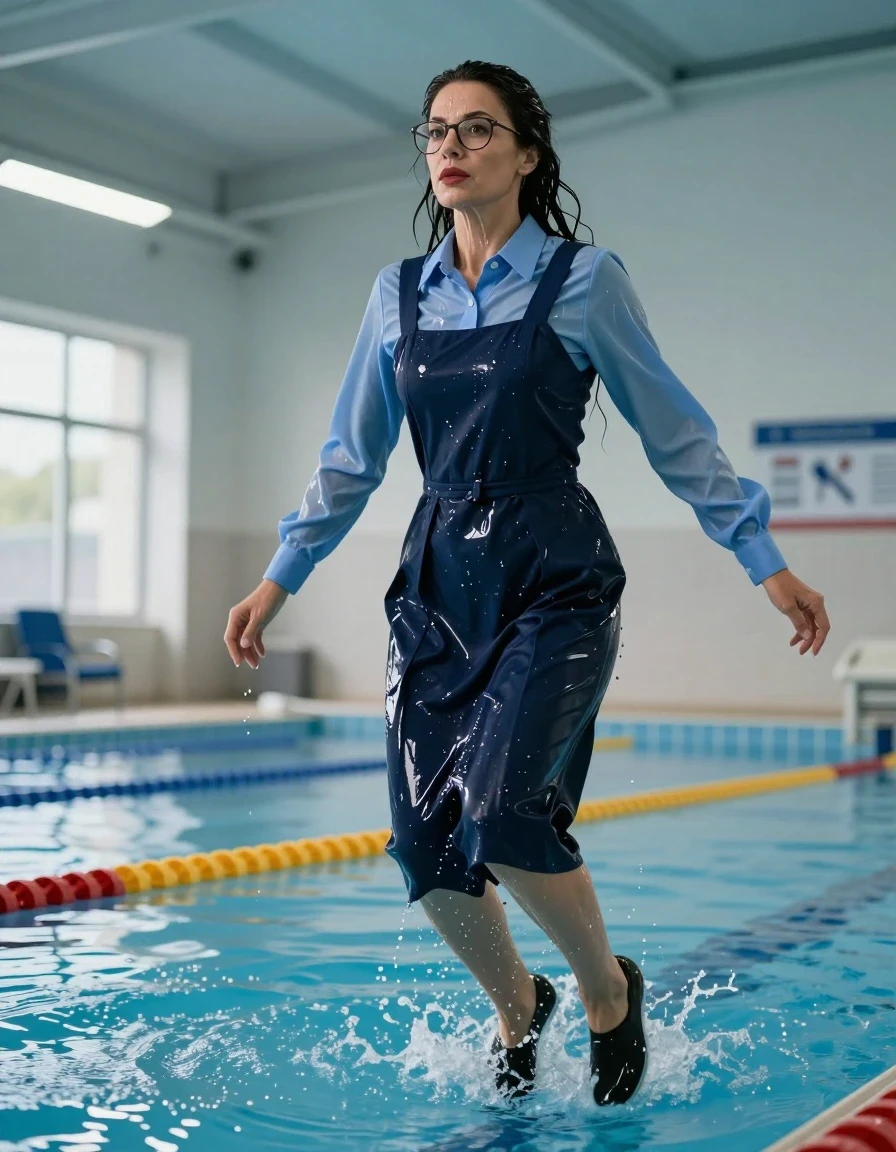 photo of young woman, in soaking wet, drenched clothes,
shoes, school uniform with maxi tight dark blue school pinafore and blue shirt with long sleeves, school uniform with maxi tight dark blue school pinafore and blue shirt with long sleeves, jump in indoor swimming pool, enjoying wet clothes stuck body, enjoying, wet clothes stuck to body, 
enjoying, wet clothes stuck to body,
detailed textures of the wet clothes, wet face, wet plastered hair,
wet, drenched, professional, high-quality details, full body view.
sharp focus, ultra-high pixel detail, realistic, high-quality, full colors, incredibly detailed, 4k, 8k, 16k, hyper-realistic, RAW photo, masterpiece, ultra-detailed, professionally color graded, professional photograph, europen brunette skinny woman 50 years old, long dark black hair, very big and thick lips,  office glasses, complete body, wet skin, wet clothes, damp fabric, wet skin, wet clothes, damp fabric, wet skin, wet clothes, damp fabric, wet skin, wet clothes, damp fabric, wet skin, wet clothes, damp fabric