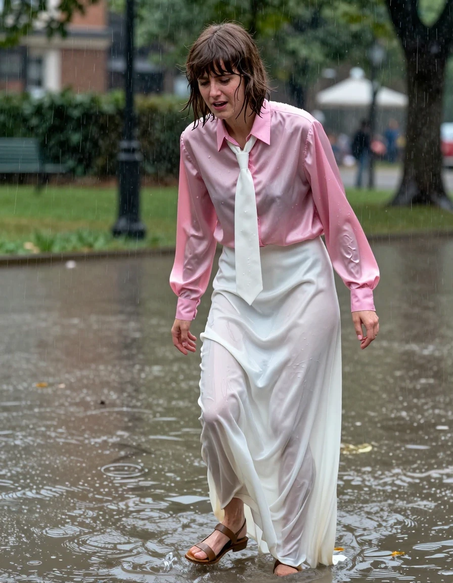 photo of young woman, in soaking wet, drenched clothes,
sandals, too long floor-length long silk white skirt, Beatles haired woman: oversized pink long-sleeved satin blouse with white necktie, flooded park during a storm, 
enjoying, wet clothes stuck to body,
detailed textures of the wet clothes, wet face, wet plastered hair,
wet, drenched, professional, high-quality details, full body view.
sharp focus, ultra-high pixel detail, realistic, high-quality, full colors, incredibly detailed, 4k, 8k, 16k, hyper-realistic, RAW photo, masterpiece, ultra-detailed, professionally color graded, professional photograph, having a tantrum in the puddle, wet skin, wet clothes, damp fabric