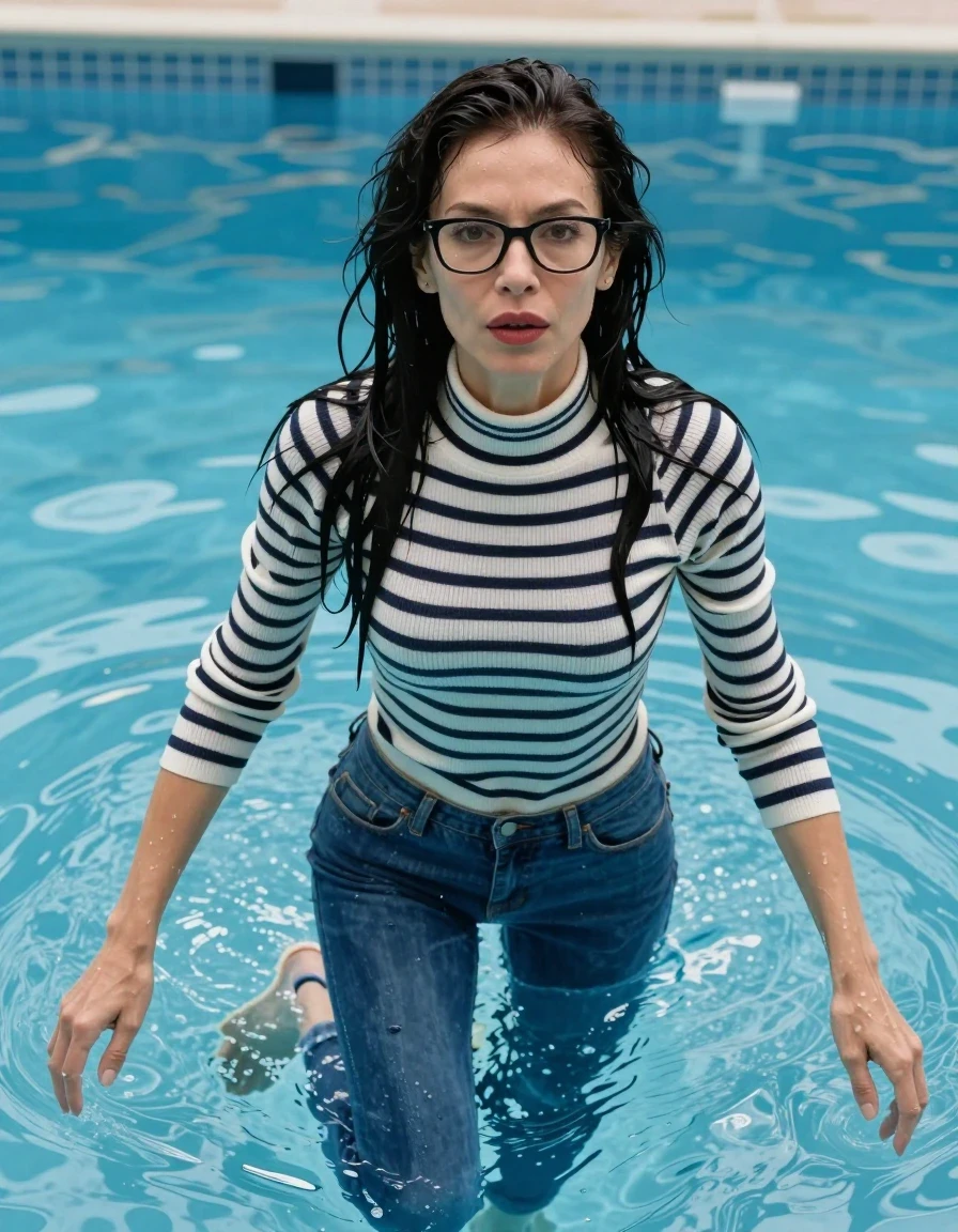 photo of young woman, in soaking wet, drenched clothes,
shoes, long blue jeans, white & black striped high-neck sweater with long sleeves, Swimming half submerged underwater in swimming pool, enjoying wet clothes stuck body, enjoying, wet clothes stuck to body, 
enjoying, wet clothes stuck to body,
detailed textures of the wet clothes, wet face, wet plastered hair,
wet, drenched, professional, high-quality details, full body view.
sharp focus, ultra-high pixel detail, realistic, high-quality, full colors, incredibly detailed, 4k, 8k, 16k, hyper-realistic, RAW photo, masterpiece, ultra-detailed, professionally color graded, professional photograph, europen brunette skinny woman 50 years old, long dark black hair, very big and thick lips,  office glasses, complete body, wet skin, wet clothes, damp fabric, wet skin, wet clothes, damp fabric, wet skin, wet clothes, damp fabric, wet skin, wet clothes, damp fabric, wet skin, wet clothes, damp fabric