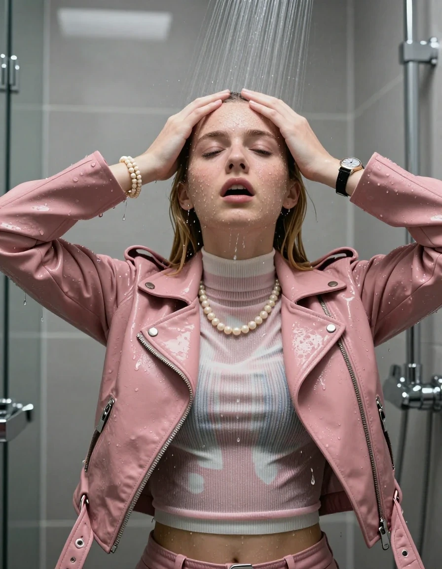 photo of young woman, in soaking wet, drenched clothes,
, , Light pink biker leatherjacket, tight striped knit turtleneck sweater belly free, handbag, pearl necklace, bracelet, wristwatch , Under the shower, strong jet of water, modern mirrored bathroom, 
enjoying, wet clothes stuck to body,
detailed textures of the wet clothes, wet face, wet plastered hair,
wet, drenched, professional, high-quality details, full body view.
sharp focus, ultra-high pixel detail, realistic, high-quality, full colors, incredibly detailed, 4k, 8k, 16k, hyper-realistic, RAW photo, masterpiece, ultra-detailed, professionally color graded, professional photograph, Blonde Sleek long straight hair with hairband

15 years old  teenage girl

Only head and shoulders are over the surface visible. Hold her hands over her forehead. Open mouth, closed eyes. Looking up.

she is completely underwater up to her neck, afraid and astonished expression. 

her submerged clothes are hardly vusible under water, she soaked her handbag into the water

close up view, wet skin, wet clothes, wet hair, damp fabric, water runs down the clothes, wet skin, wet clothes, damp fabric., wet skin, wet clothes, damp fabric, wet skin, wet clothes, damp fabric, wet skin, wet clothes, damp fabric