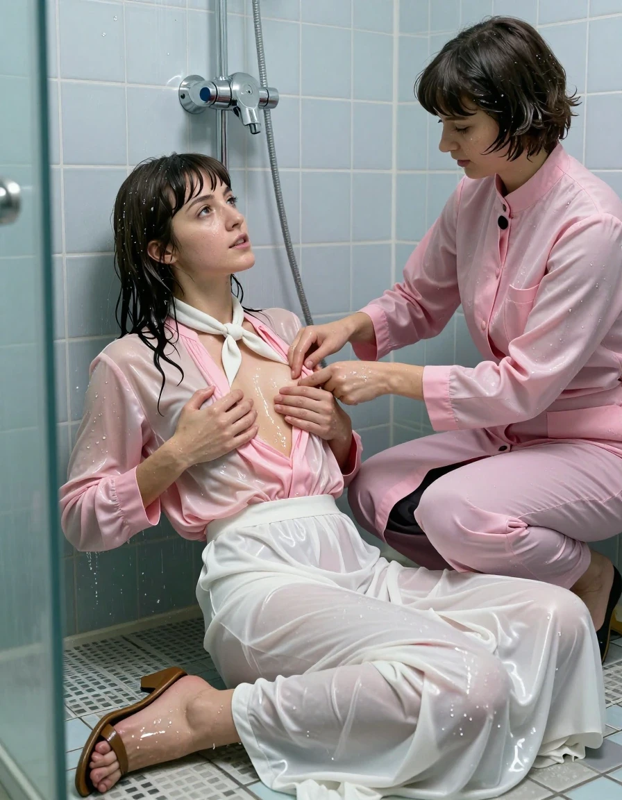 photo of young woman, in soaking wet, drenched clothes,
sandals, excessively long floor-length long silk white skirt, Beatles haired woman: oversized pink long-sleeved satin blouse with white necktie, flooded gym shower, 
enjoying, wet clothes stuck to body,
detailed textures of the wet clothes, wet face, wet plastered hair,
wet, drenched, professional, high-quality details, full body view.
sharp focus, ultra-high pixel detail, realistic, high-quality, full colors, incredibly detailed, 4k, 8k, 16k, hyper-realistic, RAW photo, masterpiece, ultra-detailed, professionally color graded, professional photograph, having an orgasm while lying in the water, massaging her breasts. Beside her sits a young cleaning lady completely soaked in cleaner's uniform fingering her, wet skin, wet clothes, damp fabric