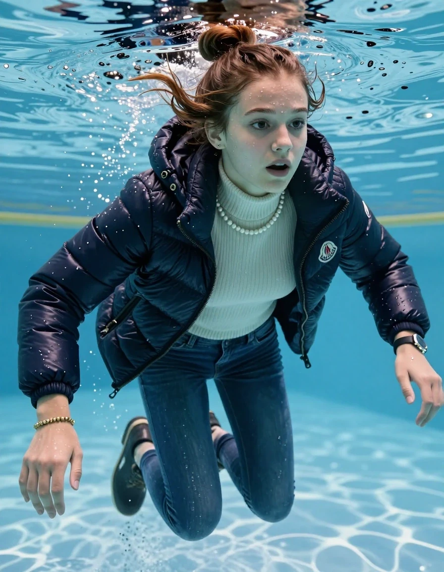 photo of young woman, in soaking wet, drenched clothes,
Boots, Completely soaked tight skinny jeans, Moncler shiny puffer down jacket, tight knit turtleneck sweater, shoulderbag, pearl necklace, bracelet, wristwatch , Swimming half underwater in swimming pool , 
enjoying, wet clothes stuck to body,
detailed textures of the wet clothes, wet face, wet plastered hair,
wet, drenched, professional, high-quality details, full body view.
sharp focus, ultra-high pixel detail, realistic, high-quality, full colors, incredibly detailed, 4k, 8k, 16k, hyper-realistic, RAW photo, masterpiece, ultra-detailed, professionally color graded, professional photograph, Topknot

15 years old  teenage girl

Looking slightly away. 

she is completely underwater up to her neck, afraid and astonished expression. 

Swimming movements with Arms and legs.

her submerged clothes are hardly vusible under water, she soaked her handbag into the water

close up view, wet skin, wet clothes, wet hair, damp fabric, water runs down the clothes, wet skin, wet clothes, damp fabric, wet skin, wet clothes, damp fabric, wet skin, wet clothes, damp fabric, wet skin, wet clothes, damp fabric, wet skin, wet clothes, damp fabric, wet skin, wet clothes, damp fabric, wet skin, wet clothes, damp fabric, wet skin, wet clothes, damp fabric, wet skin, wet clothes, damp fabric, wet skin, wet clothes, damp fabric, wet skin, wet clothes, damp fabric, wet skin, wet clothes, damp fabric, wet skin, wet clothes, damp fabric, wet skin, wet clothes, damp fabric, wet skin, wet clothes, damp fabric, wet skin, wet clothes, damp fabric, wet skin, wet clothes, damp fabric, wet skin, wet clothes, damp fabric, wet skin, wet clothes, damp fabric