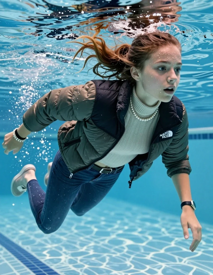 photo of young woman, in soaking wet, drenched clothes,
Boots, Completely soaked tight skinny jeans,  North face puffer down jacket, tight knit turtleneck sweater, shoulderbag, pearl necklace, bracelet, wristwatch , Swimming half underwater in swimming pool , 
enjoying, wet clothes stuck to body,
detailed textures of the wet clothes, wet face, wet plastered hair,
wet, drenched, professional, high-quality details, full body view.
sharp focus, ultra-high pixel detail, realistic, high-quality, full colors, incredibly detailed, 4k, 8k, 16k, hyper-realistic, RAW photo, masterpiece, ultra-detailed, professionally color graded, professional photograph, Sleek ponytail 

15 years old  teenage girl

Looking slightly away. 

she is completely underwater up to her neck, afraid and astonished expression. 

Swimming movements with Arms and legs. Breast swimming.

her submerged clothes are hardly vusible under water, she soaked her handbag into the water

close up view, wet skin, wet clothes, wet hair, damp fabric, water runs down the clothes, wet skin, wet clothes, damp fabric, wet skin, wet clothes, damp fabric, wet skin, wet clothes, damp fabric, wet skin, wet clothes, damp fabric, wet skin, wet clothes, damp fabric, wet skin, wet clothes, damp fabric, wet skin, wet clothes, damp fabric, wet skin, wet clothes, damp fabric, wet skin, wet clothes, damp fabric, wet skin, wet clothes, damp fabric, wet skin, wet clothes, damp fabric, wet skin, wet clothes, damp fabric, wet skin, wet clothes, damp fabric, wet skin, wet clothes, damp fabric, wet skin, wet clothes, damp fabric, wet skin, wet clothes, damp fabric, wet skin, wet clothes, damp fabric, wet skin, wet clothes, damp fabric, wet skin, wet clothes, damp fabric, wet skin, wet clothes, damp fabric
