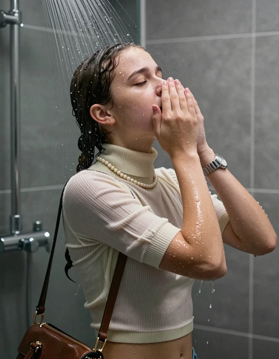 photo of young woman, in soaking wet, drenched clothes,
, ,  tight striped knit turtleneck sweater belly free, handbag, pearl necklace, bracelet, wristwatch, View from behind: Under the shower, strong jet of water, modern mirrored bathroom, 
enjoying, wet clothes stuck to body,
detailed textures of the wet clothes, wet face, wet plastered hair,
wet, drenched, professional, high-quality details, full body view.
sharp focus, ultra-high pixel detail, realistic, high-quality, full colors, incredibly detailed, 4k, 8k, 16k, hyper-realistic, RAW photo, masterpiece, ultra-detailed, professionally color graded, professional photograph, Two pigtails

15 years old  teenage girl

Only head and shoulders are over the surface visible. Open mouth, closed eyes. Looking up. Hold her hands on her nose.

she is completely underwater up to her neck, afraid and astonished expression. 

her submerged clothes are hardly vusible under water, she soaked her handbag into the water

close up view, wet skin, wet clothes, wet hair, damp fabric, water runs down the clothes, wet skin, wet clothes, damp fabric., wet skin, wet clothes, damp fabric, wet skin, wet clothes, damp fabric, wet skin, wet clothes, damp fabric