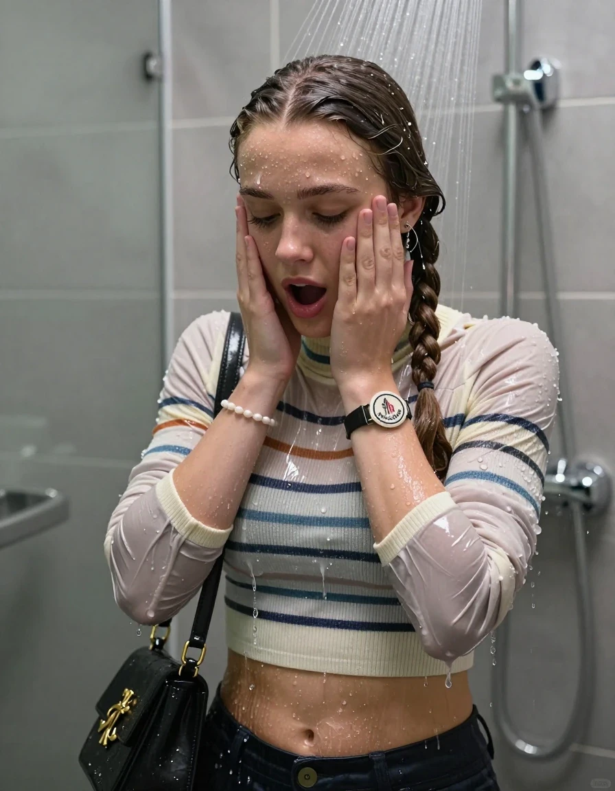 photo of young woman, in soaking wet, drenched clothes,
, , Moncler puffer down jacket, tight striped knit turtleneck sweater belly free, handbag, pearl necklace, bracelet, wristwatch, Under the shower, strong jet of water, modern mirrored bathroom, 
enjoying, wet clothes stuck to body,
detailed textures of the wet clothes, wet face, wet plastered hair,
wet, drenched, professional, high-quality details, full body view.
sharp focus, ultra-high pixel detail, realistic, high-quality, full colors, incredibly detailed, 4k, 8k, 16k, hyper-realistic, RAW photo, masterpiece, ultra-detailed, professionally color graded, professional photograph, Two pigtails

15 years old  teenage girl

Only head and shoulders are over the surface visible. Open mouth, closed eyes. Looking down. Hold her hands over her face.

she is completely underwater up to her neck, afraid and astonished expression. 

her submerged clothes are hardly vusible under water, she soaked her handbag into the water

close up view, wet skin, wet clothes, wet hair, damp fabric, water runs down the clothes, wet skin, wet clothes, damp fabric., wet skin, wet clothes, damp fabric, wet skin, wet clothes, damp fabric, wet skin, wet clothes, damp fabric