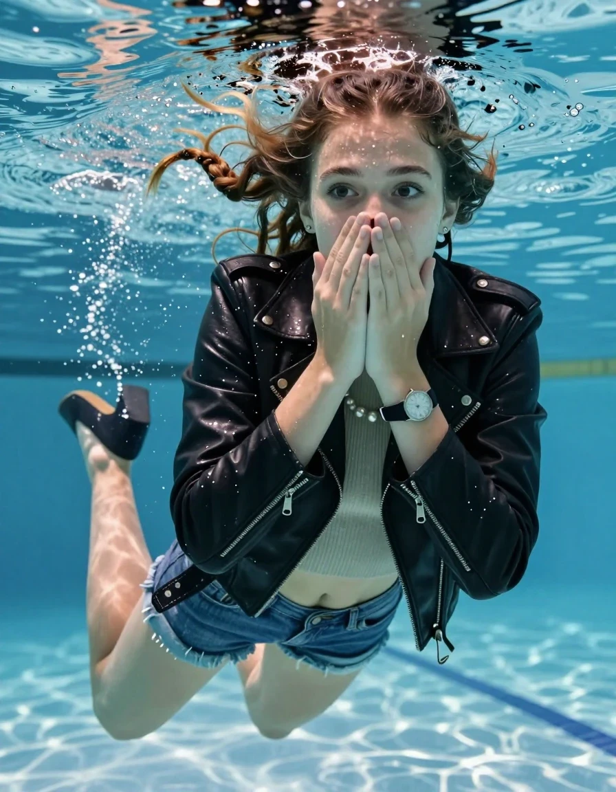 photo of young woman, in soaking wet, drenched clothes,
Heels, mini denim Short, Black biker leatherjacket, tight knit turtleneck sweater belly free, shoulderbag, pearl necklace, bracelet, wristwatch , Swimming half submerged underwater in swimming pool , 
enjoying, wet clothes stuck to body,
detailed textures of the wet clothes, wet face, wet plastered hair,
wet, drenched, professional, high-quality details, full body view.
sharp focus, ultra-high pixel detail, realistic, high-quality, full colors, incredibly detailed, 4k, 8k, 16k, hyper-realistic, RAW photo, masterpiece, ultra-detailed, professionally color graded, professional photograph, Two sleek long braids

15 years old  teenage girl

Covers her nose with her hands. Looking slightly away. Open mouth, big eyes.

she is completely underwater up to her neck, afraid and astonished expression. 

Swimming movements with Arms and legs. Breast swimming.

her submerged clothes are hardly vusible under water, she soaked her handbag into the water

close up view, wet skin, wet clothes, wet hair, damp fabric, water runs down the clothes, wet skin, wet clothes, damp fabric, wet skin, wet clothes, damp fabric, wet skin, wet clothes, damp fabric, wet skin, wet clothes, damp fabric, wet skin, wet clothes, damp fabric, wet skin, wet clothes, damp fabric, wet skin, wet clothes, damp fabric, wet skin, wet clothes, damp fabric, wet skin, wet clothes, damp fabric, wet skin, wet clothes, damp fabric, wet skin, wet clothes, damp fabric, wet skin, wet clothes, damp fabric, wet skin, wet clothes, damp fabric, wet skin, wet clothes, damp fabric, wet skin, wet clothes, damp fabric, wet skin, wet clothes, damp fabric, wet skin, wet clothes, damp fabric, wet skin, wet clothes, damp fabric, wet skin, wet clothes, damp fabric, wet skin, wet clothes, damp fabric, wet skin, wet clothes, damp fabric, wet skin, wet clothes, damp fabric