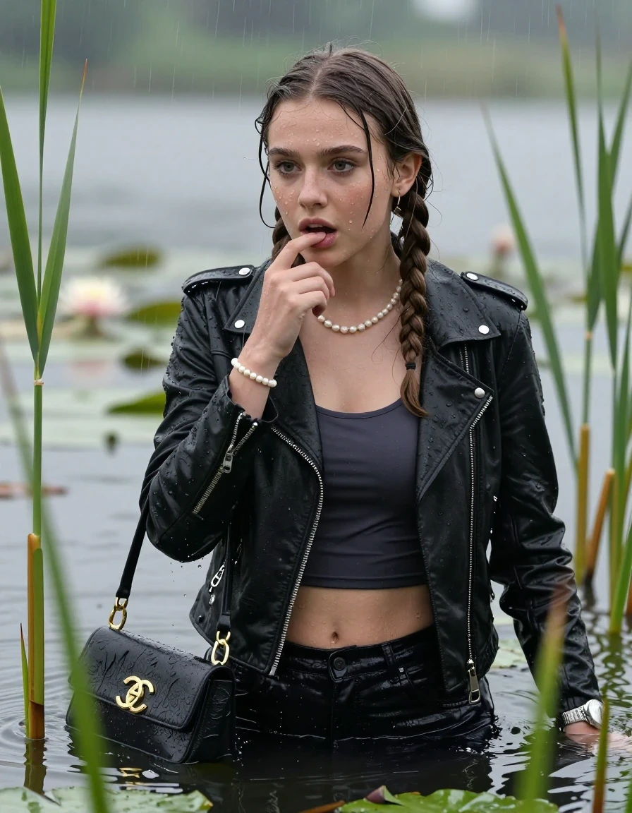 photo of young woman, in soaking wet, drenched clothes,
, , Black biker leatherjacket, tight sexy tshirt with wide neckline belly free, handbag, pearl necklace, bracelet, wristwatch , Emerging after diving in a lake with water lilies and reeds, rain , 
enjoying, wet clothes stuck to body,
detailed textures of the wet clothes, wet face, wet plastered hair,
wet, drenched, professional, high-quality details, full body view.
sharp focus, ultra-high pixel detail, realistic, high-quality, full colors, incredibly detailed, 4k, 8k, 16k, hyper-realistic, RAW photo, masterpiece, ultra-detailed, professionally color graded, professional photograph, Two long braids

15 years old  teenage girl

Only head and shoulders are over the surface visible. Looking slightly away. Puts a finger in the mouth.

she is completely underwater up to her neck, afraid and astonished expression. 

She hides in the reeds and is surprised by spectators

her submerged clothes are hardly vusible under water, she soaked her handbag into the water

close up view, wet skin, wet clothes, wet hair, damp fabric, water runs down the clothes, wet skin, wet clothes, damp fabric., wet skin, wet clothes, damp fabric