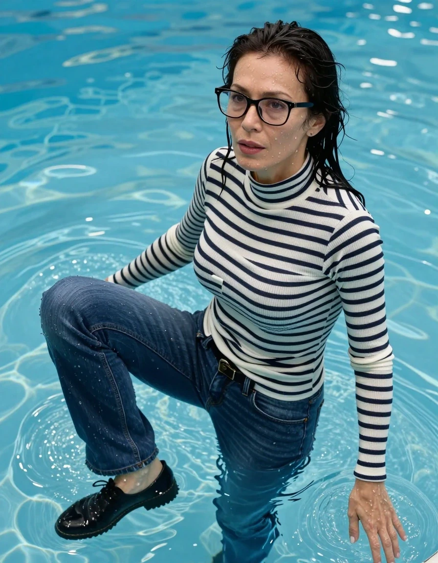 photo of young woman, in soaking wet, drenched clothes,
shoes, long blue jeans, white & black striped high-neck sweater with long sleeves, Swimming half submerged underwater in swimming pool, enjoying wet clothes stuck body, enjoying, wet clothes stuck to body, 
enjoying, wet clothes stuck to body,
detailed textures of the wet clothes, wet face, wet plastered hair,
wet, drenched, professional, high-quality details, full body view.
sharp focus, ultra-high pixel detail, realistic, high-quality, full colors, incredibly detailed, 4k, 8k, 16k, hyper-realistic, RAW photo, masterpiece, ultra-detailed, professionally color graded, professional photograph, europen brunette skinny woman 50 years old, long dark black hair, very big and thick lips,  office glasses, complete body, wet skin, wet clothes, damp fabric, wet skin, wet clothes, damp fabric, wet skin, wet clothes, damp fabric, wet skin, wet clothes, damp fabric, wet skin, wet clothes, damp fabric