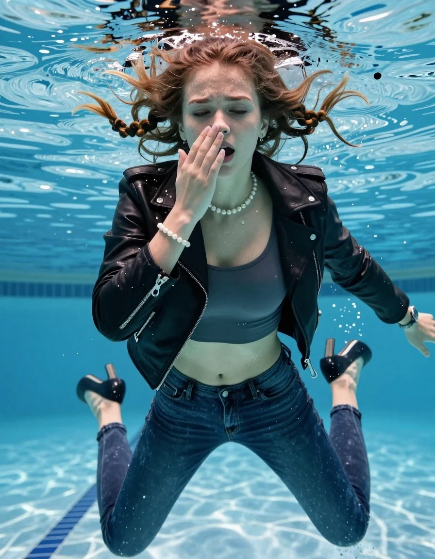 photo of young woman, in soaking wet, drenched clothes,
Heels, Completely soaked tight skinny jeans, Black biker leatherjacket, tight sexy tshirt with wide neckline belly free, shoulderbag, pearl necklace, bracelet, wristwatch , Swimming half submerged underwater in swimming pool , 
enjoying, wet clothes stuck to body,
detailed textures of the wet clothes, wet face, wet plastered hair,
wet, drenched, professional, high-quality details, full body view.
sharp focus, ultra-high pixel detail, realistic, high-quality, full colors, incredibly detailed, 4k, 8k, 16k, hyper-realistic, RAW photo, masterpiece, ultra-detailed, professionally color graded, professional photograph, Two sleek long braids

15 years old  teenage girl

Covers her nose with her fingers. Looking slightly away. Open mouth, closed eyes.

she is completely underwater up to her neck, afraid and astonished expression. 

Swimming movements with Arms and legs. Breast swimming.

her submerged clothes are hardly vusible under water, she soaked her handbag into the water

close up view, wet skin, wet clothes, wet hair, damp fabric, water runs down the clothes, wet skin, wet clothes, damp fabric, wet skin, wet clothes, damp fabric, wet skin, wet clothes, damp fabric, wet skin, wet clothes, damp fabric, wet skin, wet clothes, damp fabric, wet skin, wet clothes, damp fabric, wet skin, wet clothes, damp fabric, wet skin, wet clothes, damp fabric, wet skin, wet clothes, damp fabric, wet skin, wet clothes, damp fabric, wet skin, wet clothes, damp fabric, wet skin, wet clothes, damp fabric, wet skin, wet clothes, damp fabric, wet skin, wet clothes, damp fabric, wet skin, wet clothes, damp fabric, wet skin, wet clothes, damp fabric, wet skin, wet clothes, damp fabric, wet skin, wet clothes, damp fabric, wet skin, wet clothes, damp fabric, wet skin, wet clothes, damp fabric