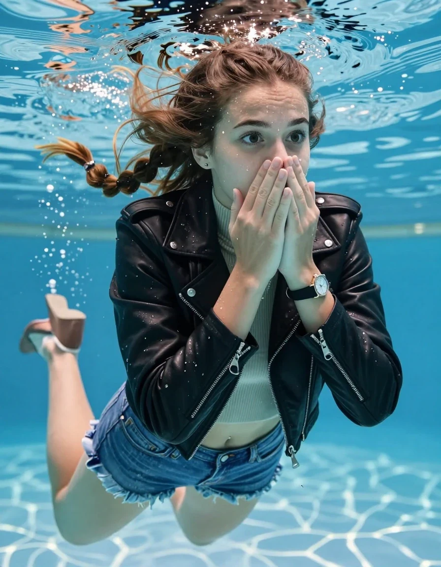 photo of young woman, in soaking wet, drenched clothes,
Heels, mini denim Short, Black biker leatherjacket, tight knit turtleneck sweater belly free, shoulderbag, pearl necklace, bracelet, wristwatch , Swimming half submerged underwater in swimming pool , 
enjoying, wet clothes stuck to body,
detailed textures of the wet clothes, wet face, wet plastered hair,
wet, drenched, professional, high-quality details, full body view.
sharp focus, ultra-high pixel detail, realistic, high-quality, full colors, incredibly detailed, 4k, 8k, 16k, hyper-realistic, RAW photo, masterpiece, ultra-detailed, professionally color graded, professional photograph, Two sleek long braids

15 years old  teenage girl

Covers her nose with her hands. Looking slightly away. Open mouth, big eyes.

she is completely underwater up to her neck, afraid and astonished expression. 

Swimming movements with Arms and legs. Breast swimming.

her submerged clothes are hardly vusible under water, she soaked her handbag into the water

close up view, wet skin, wet clothes, wet hair, damp fabric, water runs down the clothes, wet skin, wet clothes, damp fabric, wet skin, wet clothes, damp fabric, wet skin, wet clothes, damp fabric, wet skin, wet clothes, damp fabric, wet skin, wet clothes, damp fabric, wet skin, wet clothes, damp fabric, wet skin, wet clothes, damp fabric, wet skin, wet clothes, damp fabric, wet skin, wet clothes, damp fabric, wet skin, wet clothes, damp fabric, wet skin, wet clothes, damp fabric, wet skin, wet clothes, damp fabric, wet skin, wet clothes, damp fabric, wet skin, wet clothes, damp fabric, wet skin, wet clothes, damp fabric, wet skin, wet clothes, damp fabric, wet skin, wet clothes, damp fabric, wet skin, wet clothes, damp fabric, wet skin, wet clothes, damp fabric, wet skin, wet clothes, damp fabric, wet skin, wet clothes, damp fabric, wet skin, wet clothes, damp fabric